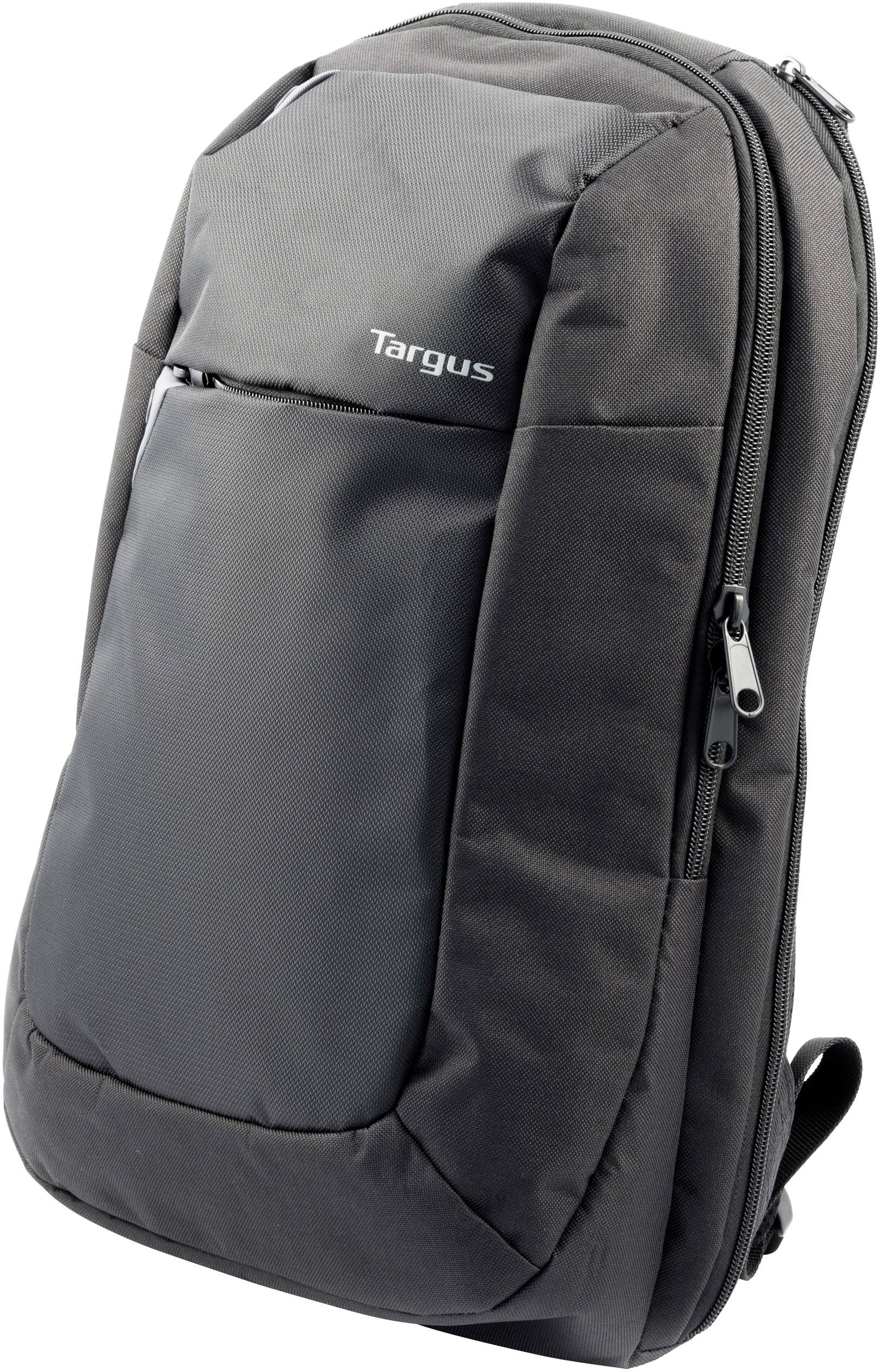 Ein schwarzer Targus-Rucksack mit Reißverschluss und mehreren Fächern, geeignet für Laptops und Bücher.