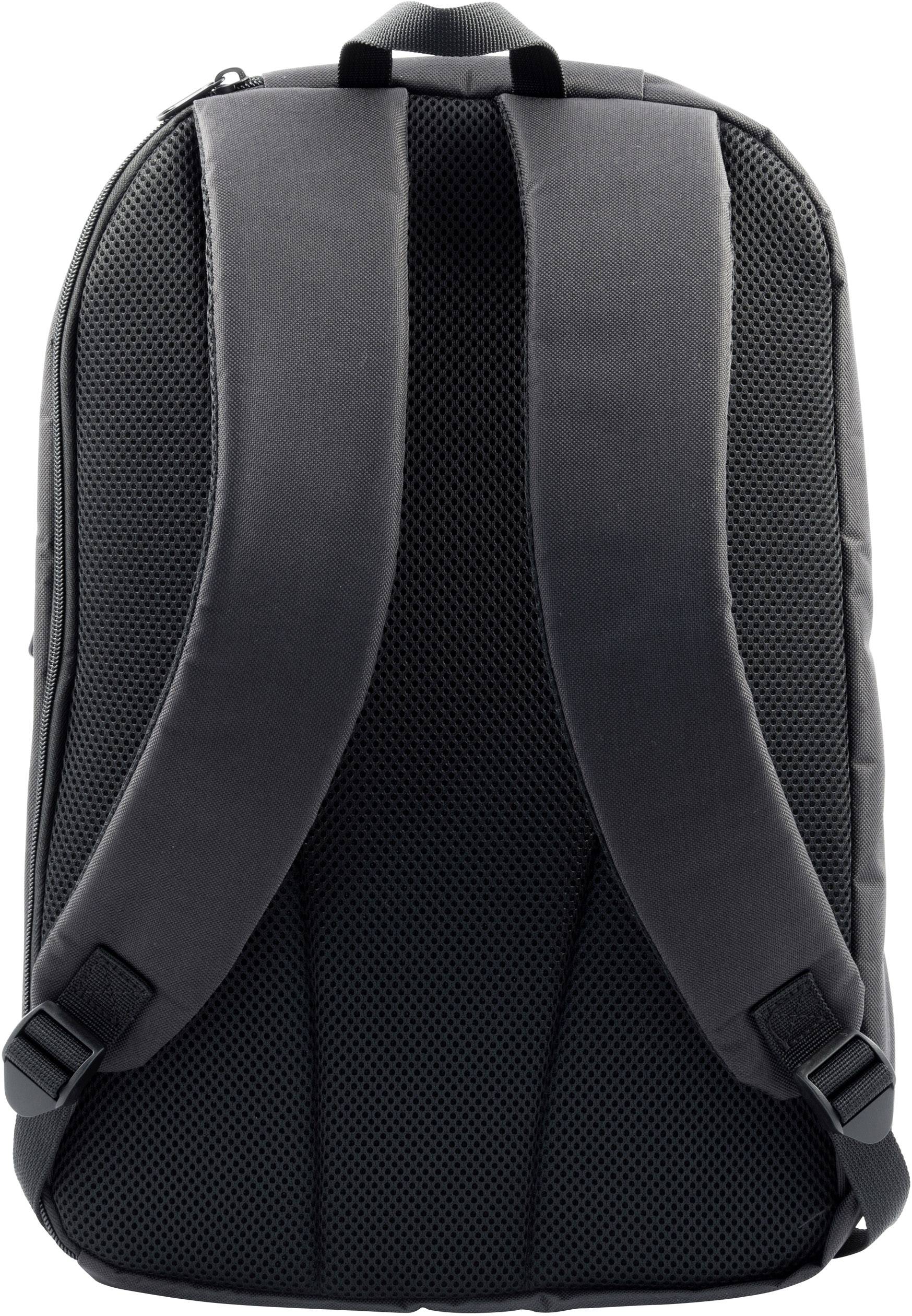 Ein schwarzer Rucksack mit gepolsterten Trägern und atmungsaktiver Rückseite.