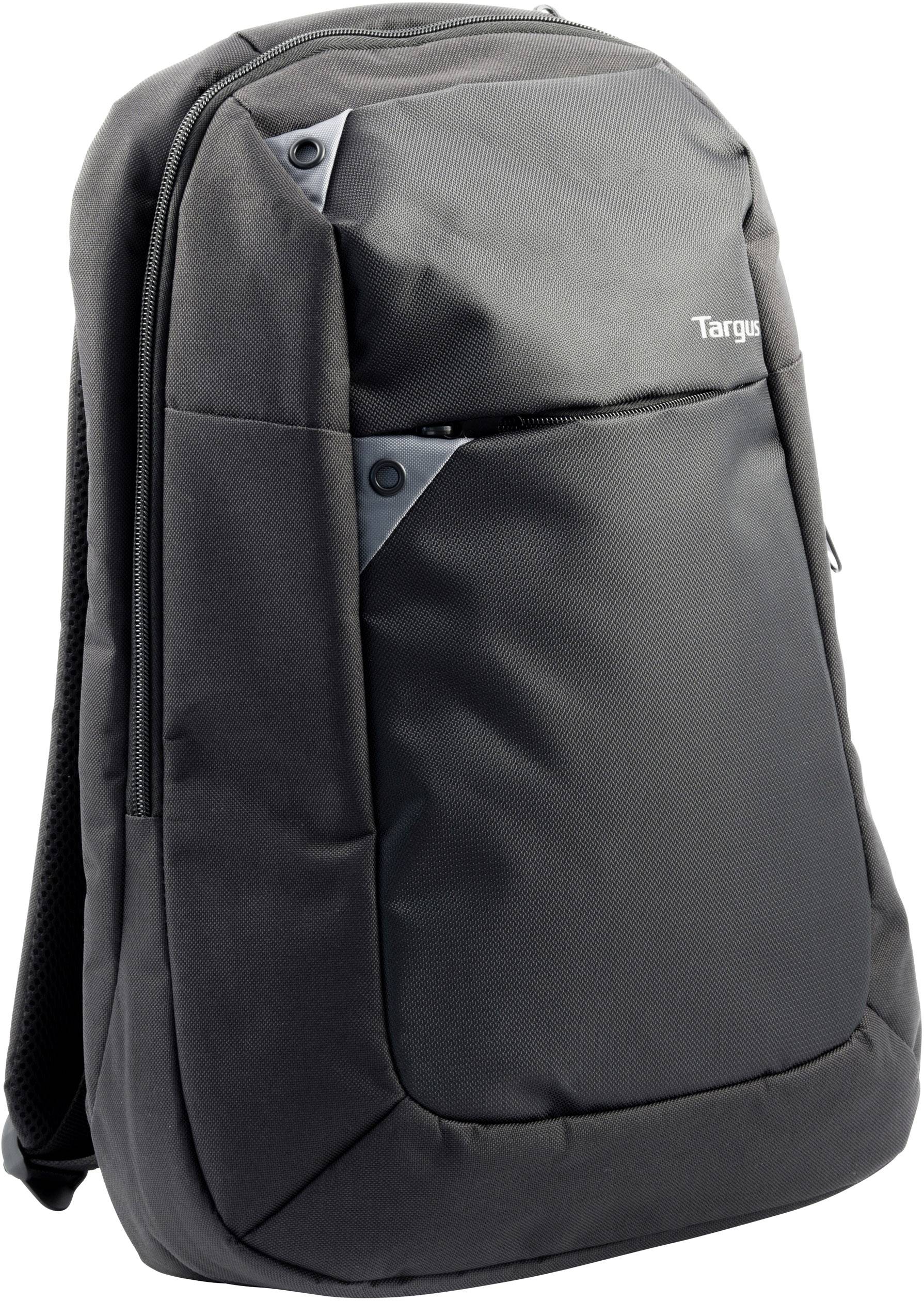 Schwarzer Rucksack mit schlichtem Design, mehreren Fächern und Reißverschlüssen, geeignet für Laptops und tägliche Nutzung.