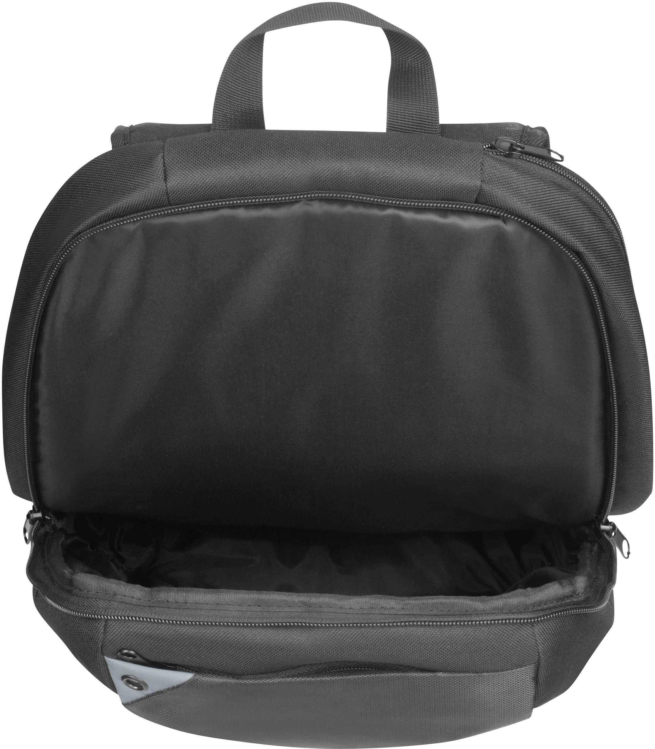 Eine geöffnete schwarze Tasche mit zwei Fächern und Tragegriff, bereit zur Aufbewahrung von Gegenständen.