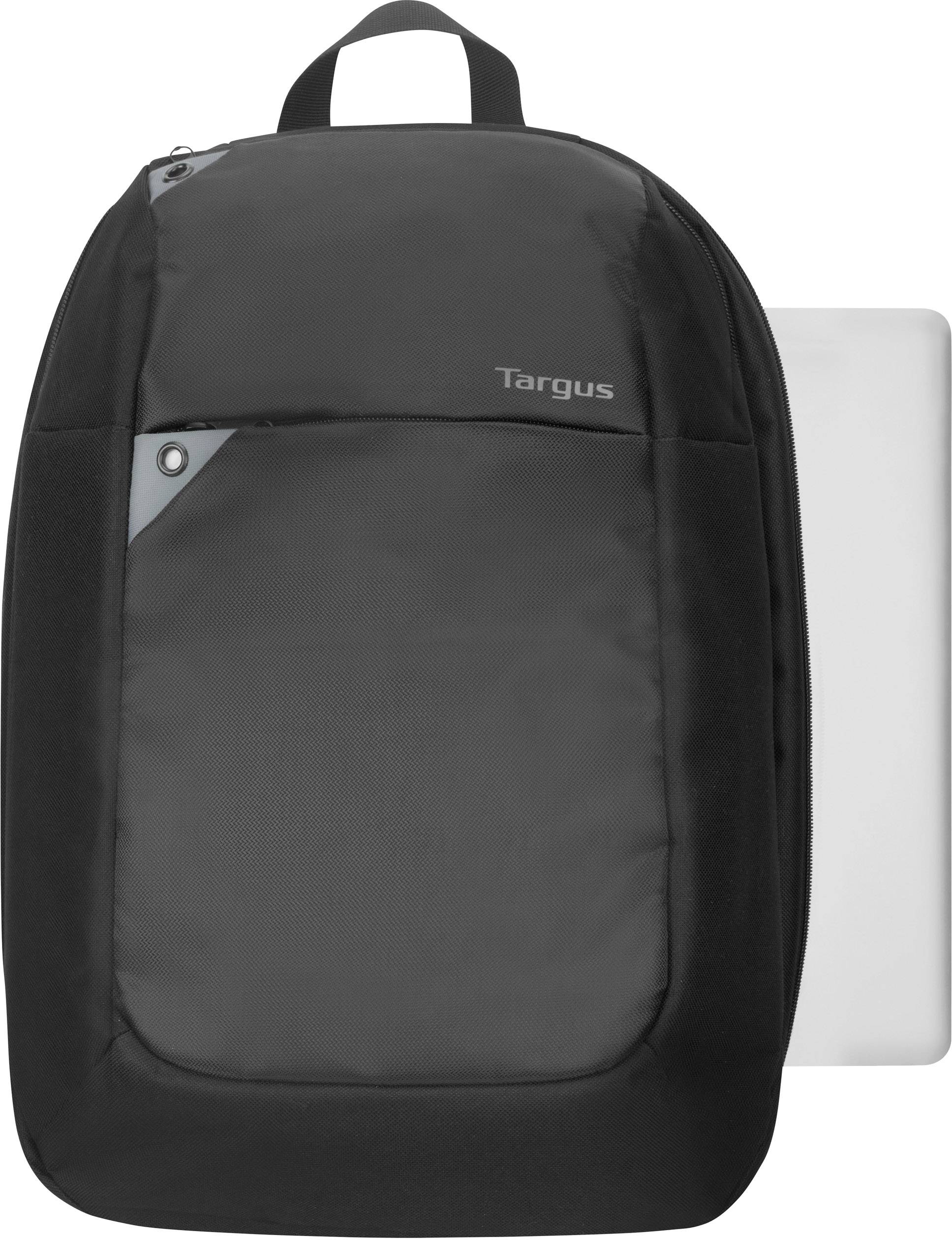 Schwarzer Laptop-Rucksack mit glatter Oberfläche und kleinem Logo-Aufdruck, enthält ein teilweise hervorgezogenes weißes Laptop.
