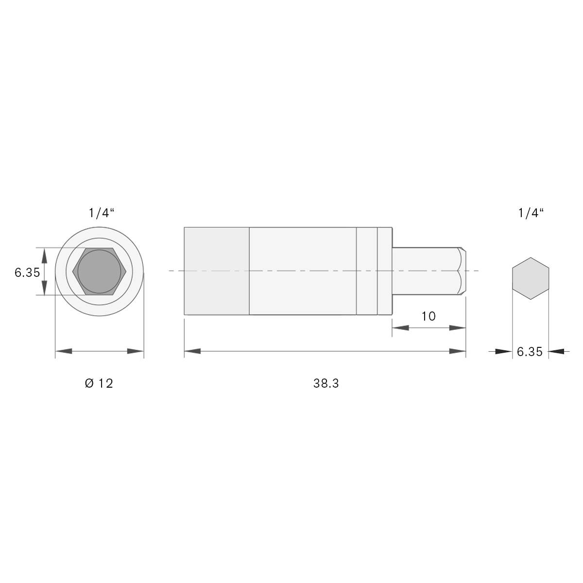 Technische Zeichnung einer Zylinderschraube mit Innensechskant. Abmessungen: Sechskopf 6,35 mm, Durchmesser 12 mm, Länge 38,3 mm, Endabschnitt 10 mm.