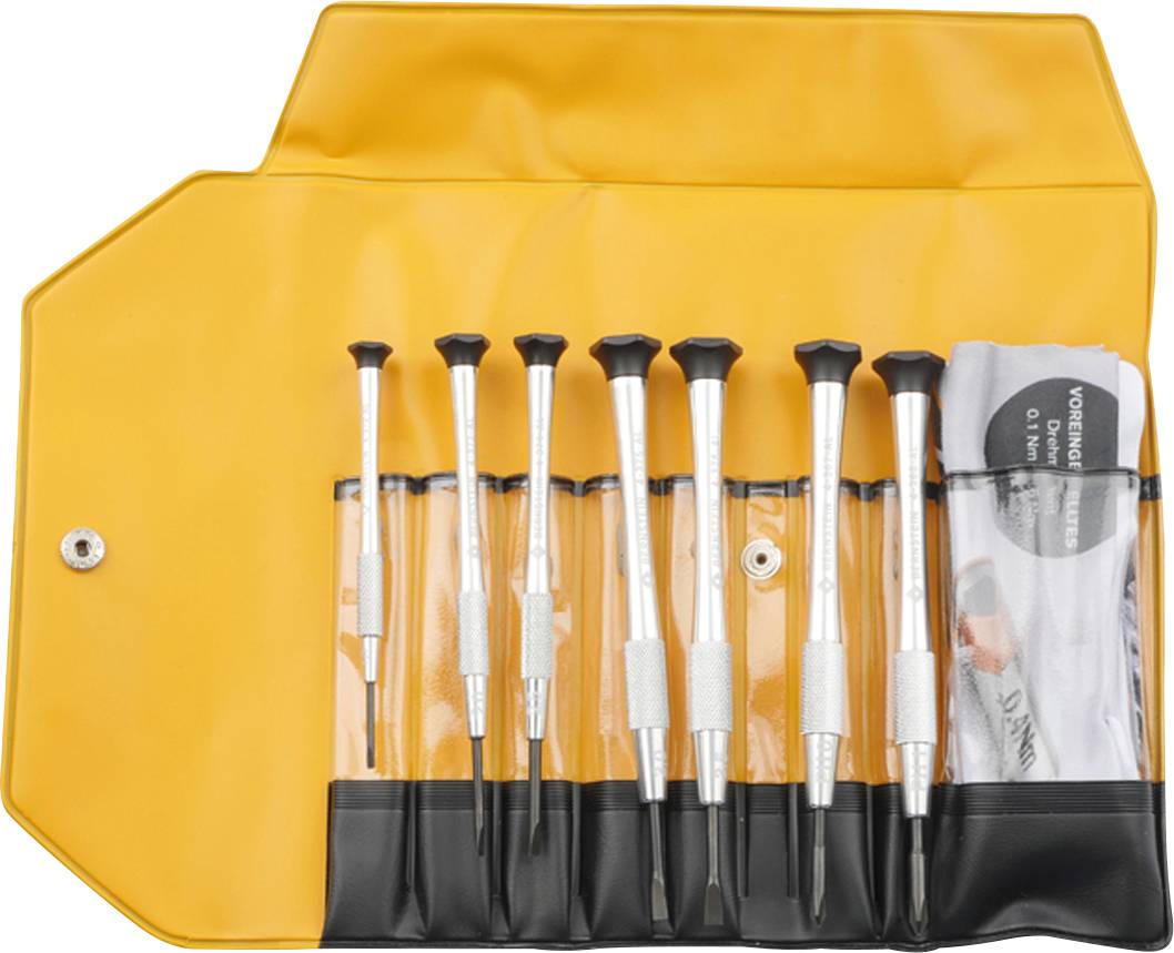 Ein Set von acht Uhrmacherschraubendrehern in einer offenen gelben Tasche, darunter eine Bedienungsanleitung, sichtbar.
