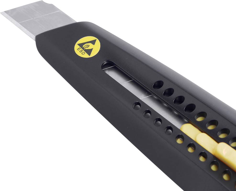 Ein schwarzes Cutter-Messer mit gelbem ESD-Logo. Die Klinge ist teilweise ausgefahren.