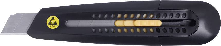 Schwarzes Cutter-Messer mit gelben Schieberegler und ESD-Logo, für präzises Schneiden geeignet.