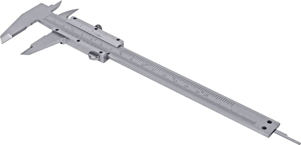 Caliper aus Metall mit Skala zur präzisen Messung, liegt auf weißem Hintergrund. Geeignet für Technik oder Ingenieurwesen.