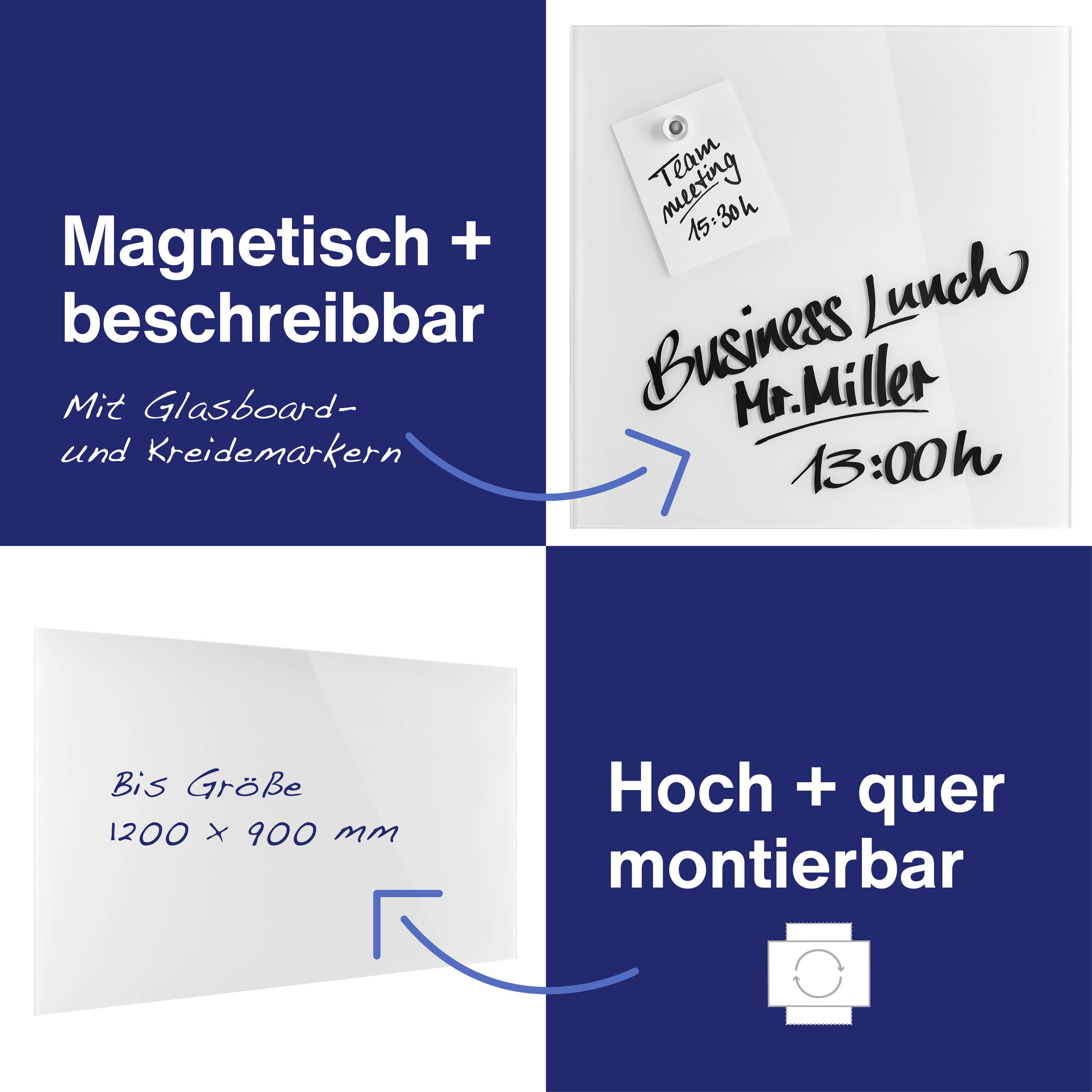 Eine magnetische Tafel mit Glasoberfläche, beschreibbar mit Kreidemarkern. Größen bis 1200 x 900 mm, hoch und quer montierbar.