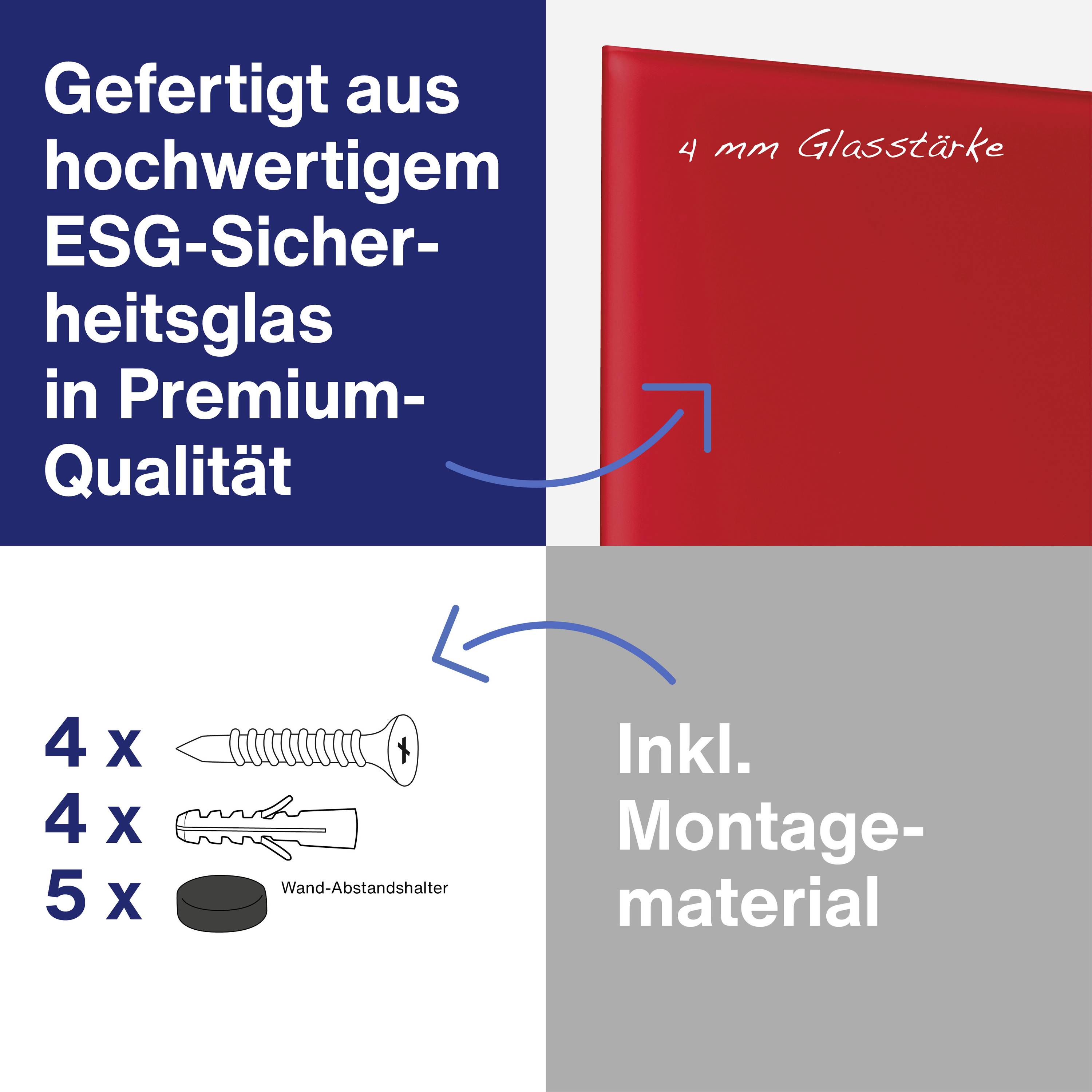 'Gefertigt aus hochwertigem ESG-Sicherheitsglas in Premium-Qualität, 4 mm Glasstärke.' Bild zeigt Glasplatte und Montagematerial.