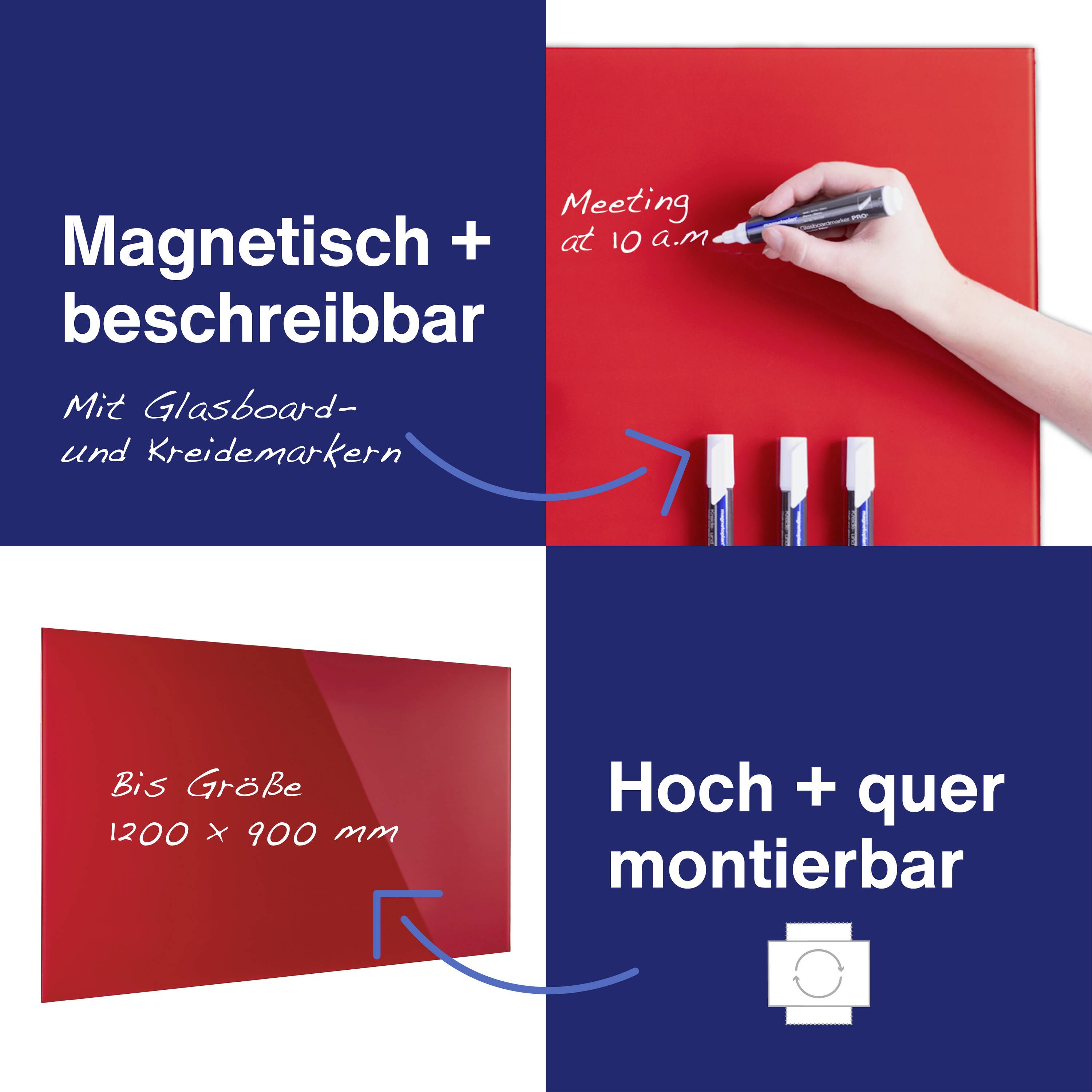 Magnettafel, beschreibbar mit Glas- und Kreidemarkern. Größe bis 1200 x 900 mm. Hand schreibt 'Meeting at 10 a.m.' auf die Tafel. Hoch/quer montierbar.