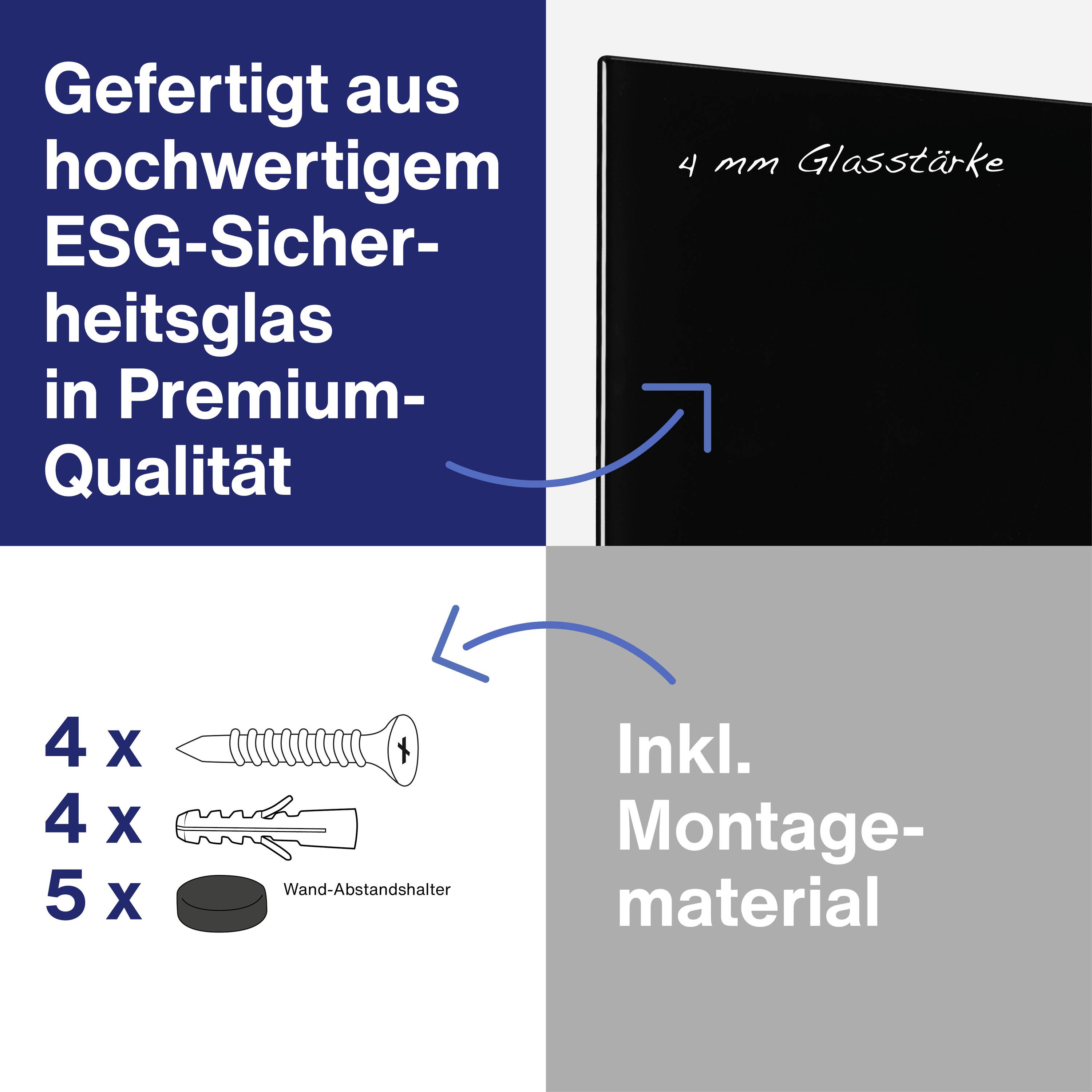 Das Bild zeigt eine Glasplatte mit 4 mm Dicke, hergestellt aus ESG-Sicherheitsglas in Premium-Qualität. Inklusive Montagematerial.