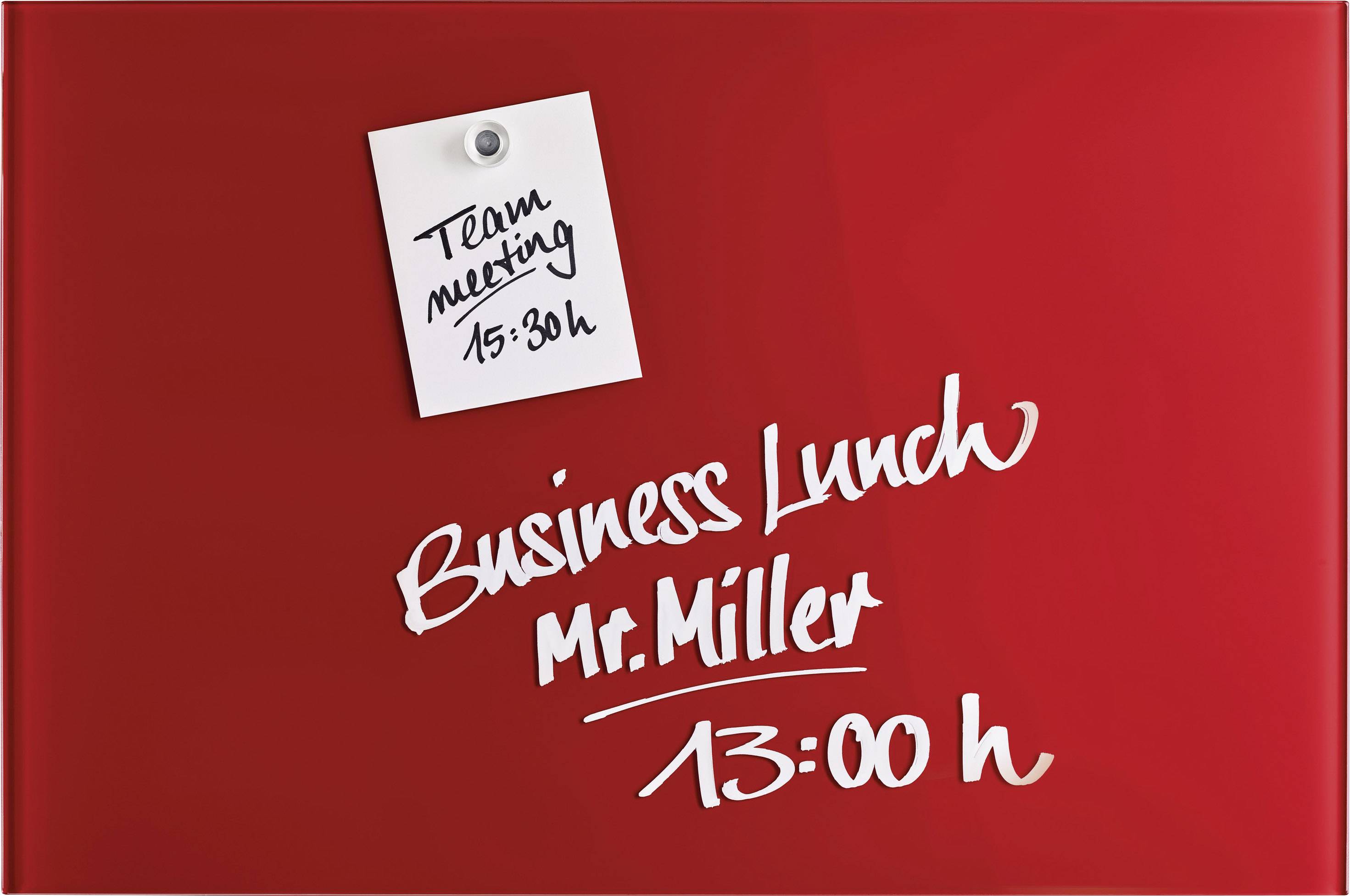 Roter Hintergrund mit Notiz: 'Team meeting 15:30 h'. Darunter in weißer Schrift: 'Business Lunch Mr. Miller 13:00 h'.