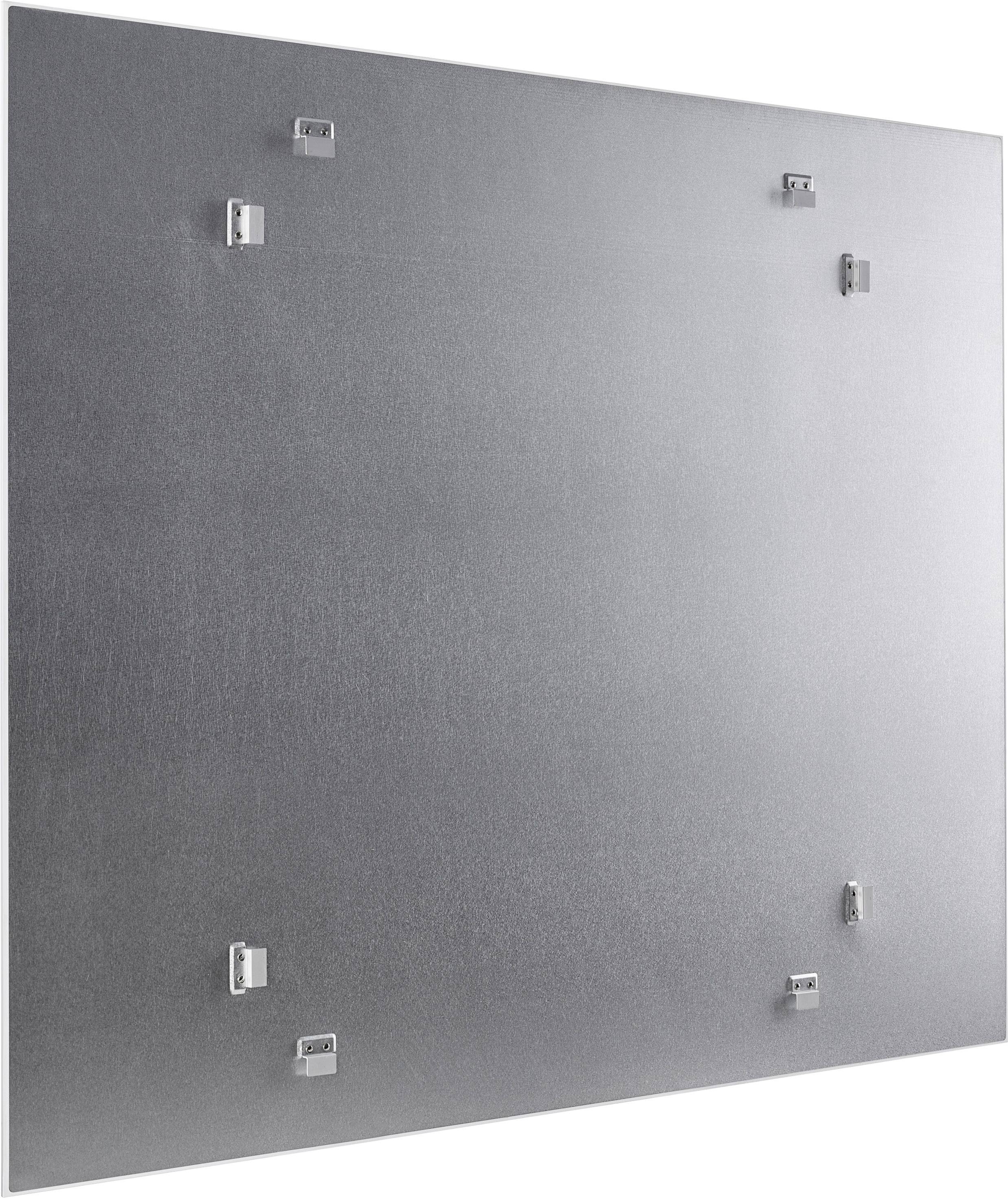 Metallplatte mit mehreren kleinen Befestigungselementen auf der Rückseite, möglicherweise zur Wandmontage vorgesehen.