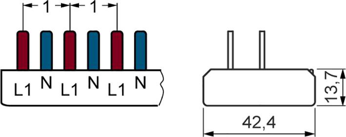 Schema einer Steckverbindung mit sechs Pins, abwechselnd beschriftet mit L1 und N. Maße sind 42,4 mm Länge und 13,7 mm Höhe als Profilansicht.
