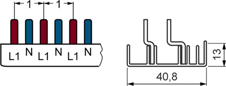 Illustration eines Steckverbinders mit fünf Anschlüssen, beschriftet mit L1 und N. Maßangaben: Breite 40,8 mm, Höhe 13 mm.