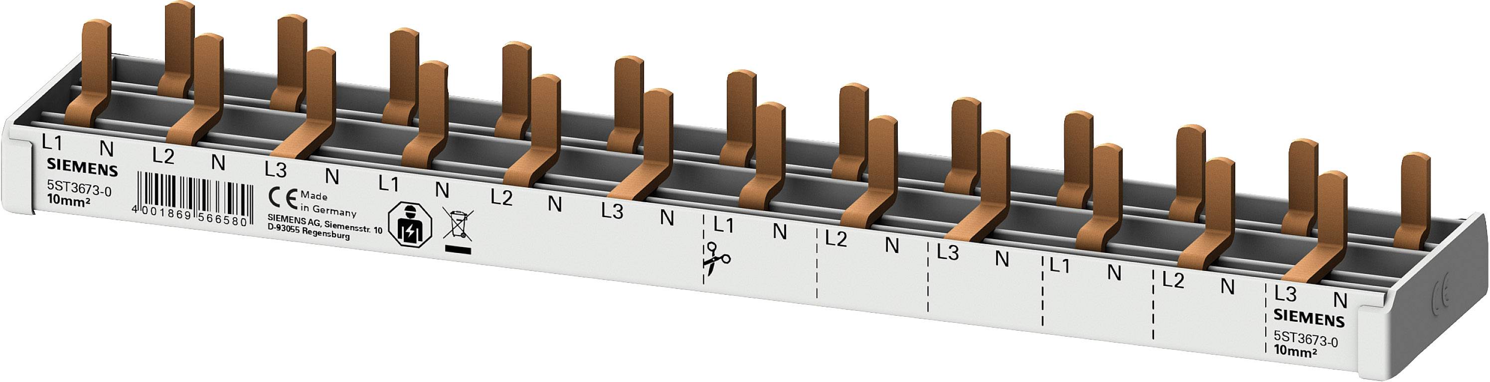 Siemens 5ST36730 Stiftsa.schiene kompakt, 10mm2 Anschluss 3p/N 12x Kompaktgerät 1 TE Sammelschiene Anzahl Reihen 3 10 mm² 63 A 230 V Leiter-Typ