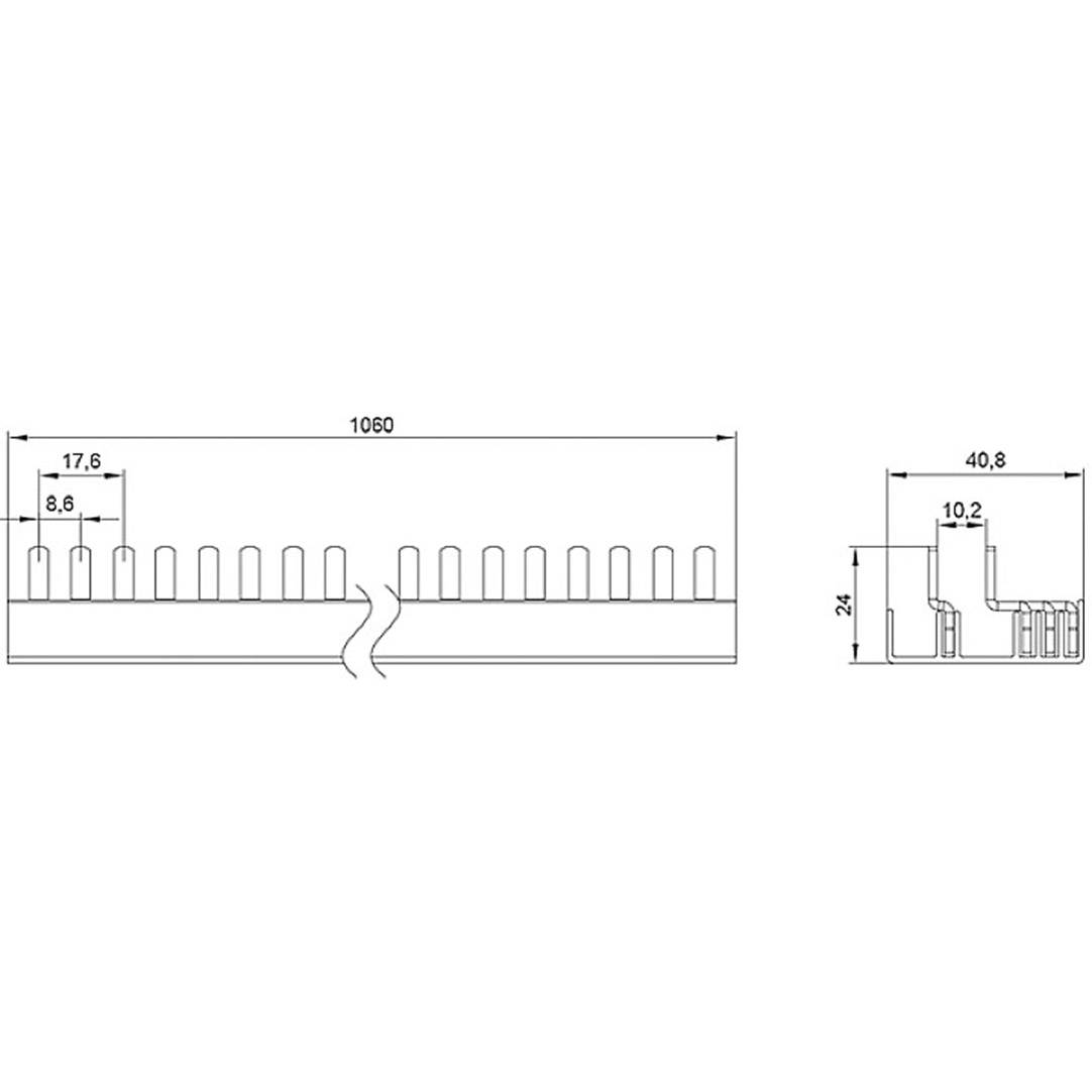 Technische Zeichnung eines Kühlkörpers mit Maßen: Länge 1060 mm, Breite 40,8 mm, Höhe 24 mm. Abstand der Lamellen: 8,6 mm.