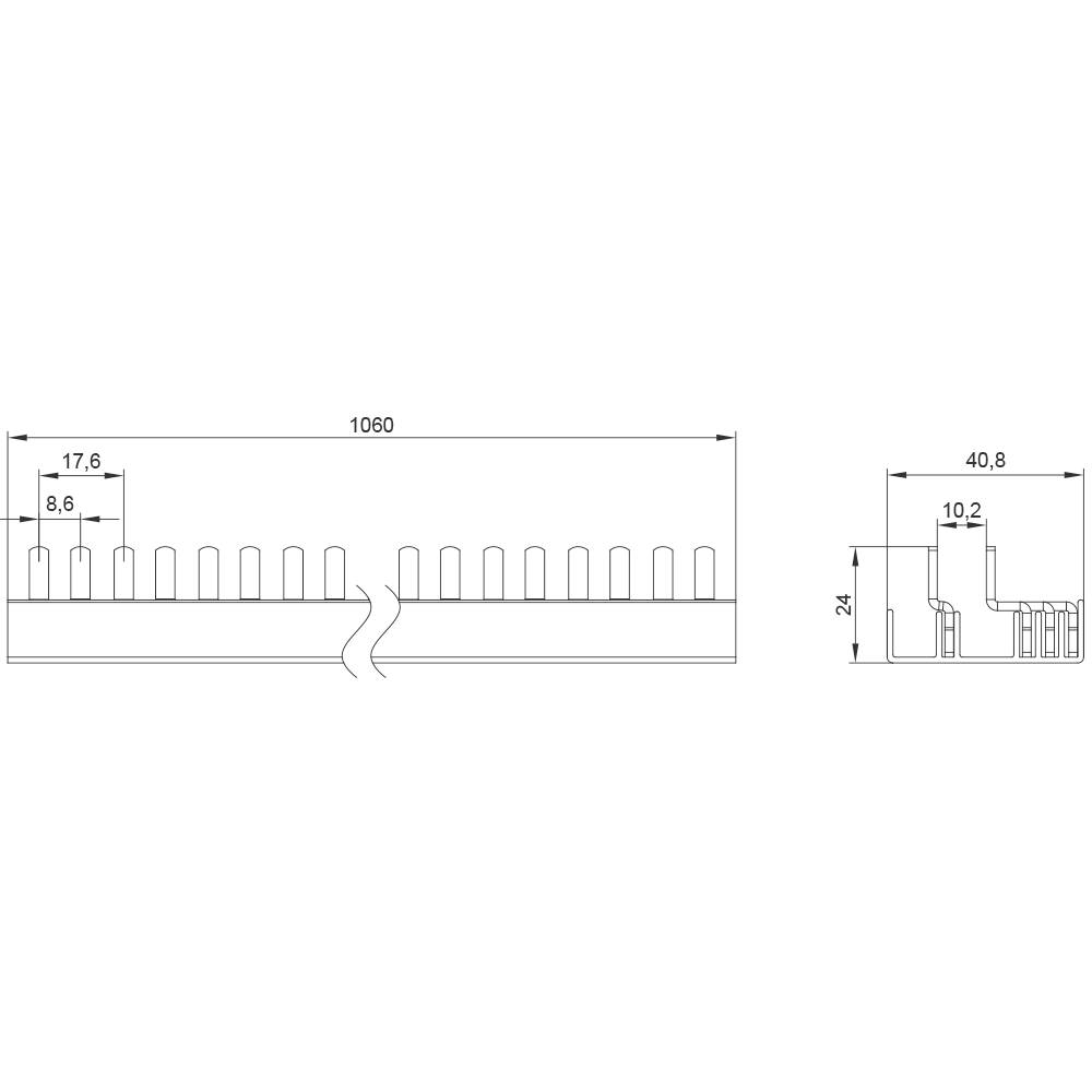Technische Zeichnung eines Kühlkörpers mit Bemaßungen: Länge 1060 mm, Höhe 24 mm, und weitere Details wie Abstände der Lamellen.