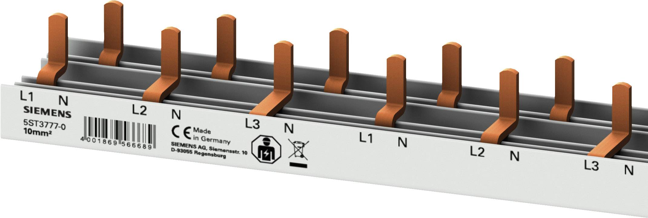 Stromschiene mit markierter Phasenfolge L1, L2, L3 und Neutralleitern für elektrische Verdrahtung. Markenname und Spezifikationen sichtbar.