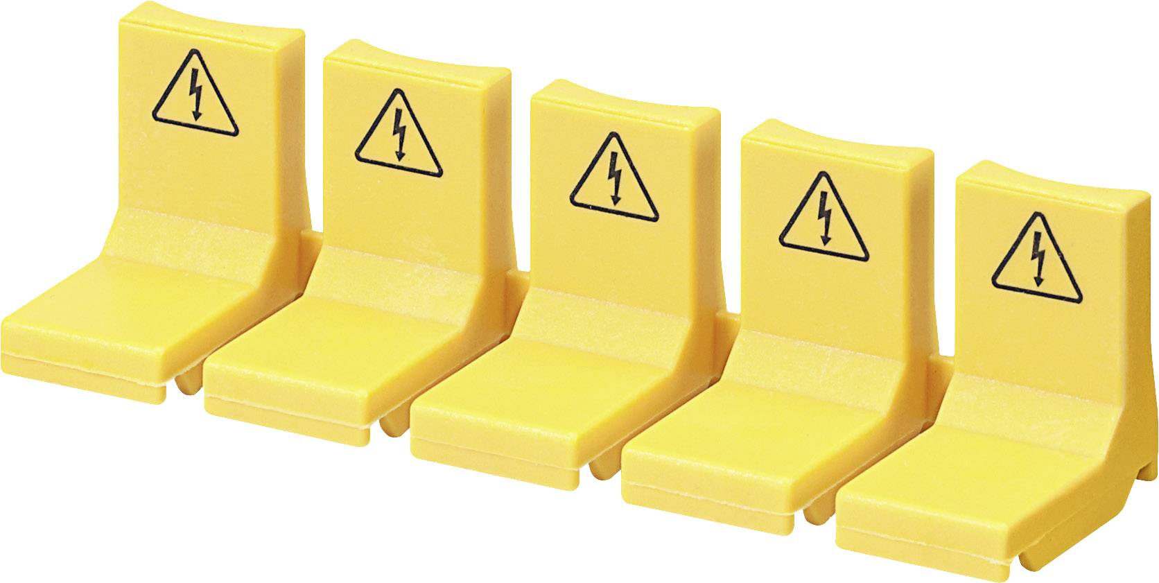 Fünf gelbe Plastikabdeckungen mit Warnsymbolen für elektrische Spannung.