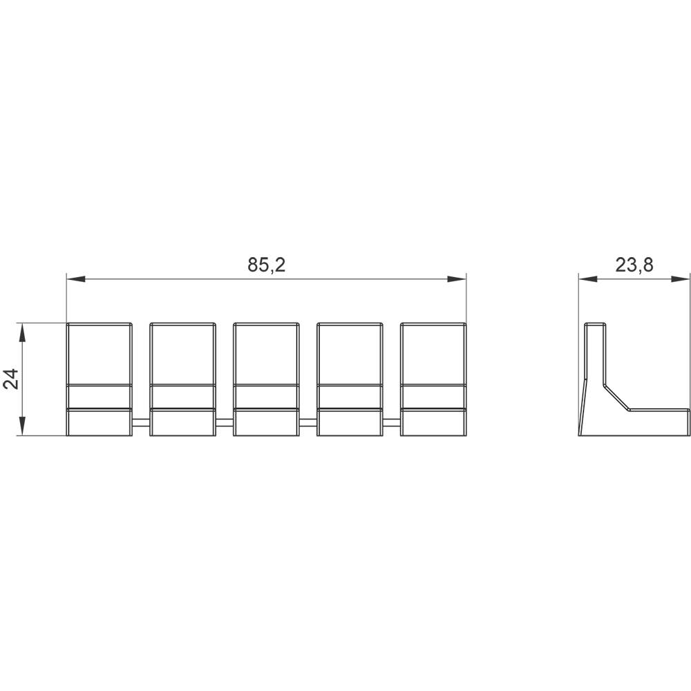 Technische Zeichnung mit Maßen eines Bauteils: Länge 85,2 mm, Höhe 24 mm, Breite 23,8 mm. Ansicht von vorne und der Seite.