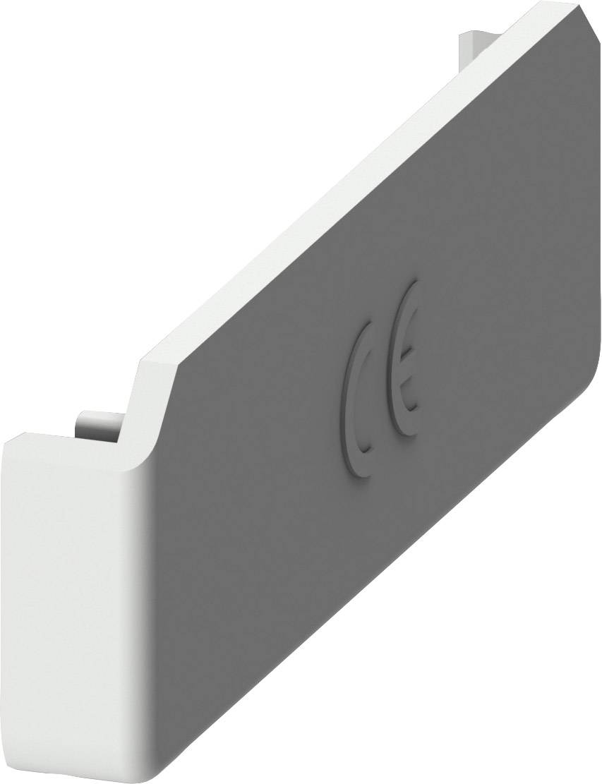 Graues Bauteil mit 'CE'-Kennzeichnung in der Mitte, rechteckige Form mit abgeschrägten Kanten.