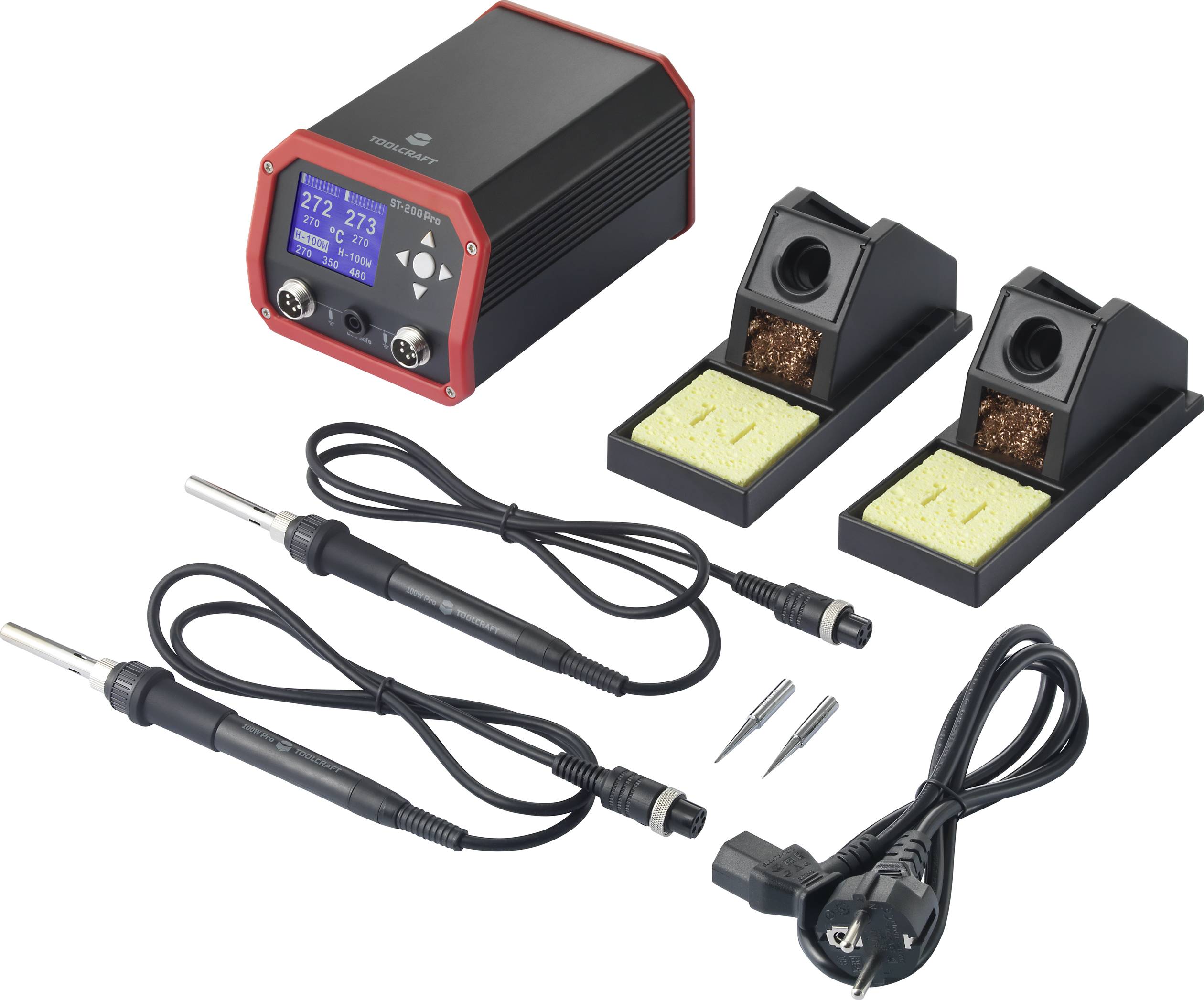 Lötstation mit LED-Display, zwei Lötspitzen, zwei Halterungen mit Reinigungsschwämmen und Stromkabel. Ideal für präzises Löten.