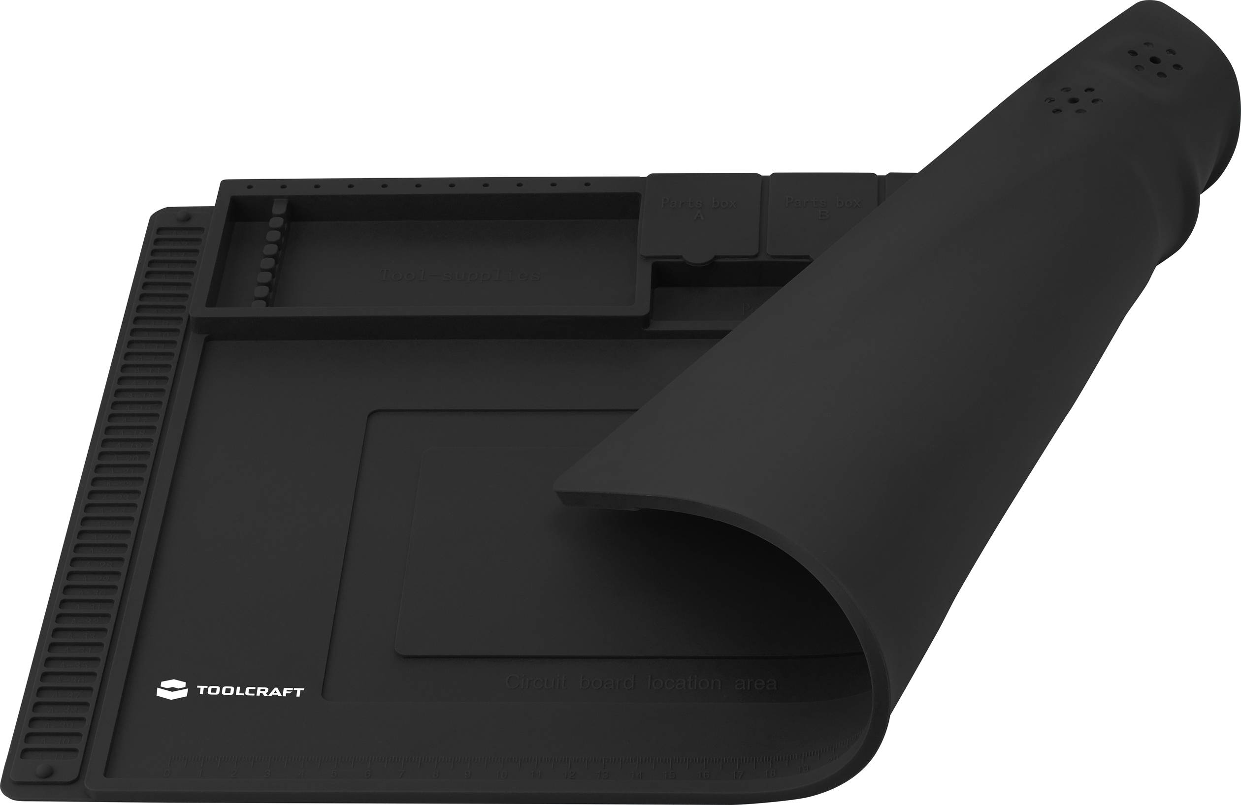 Eine schwarze, flexible Silikon-Matte mit Taschen und Magnetstreifen zur Organisation von Werkzeugen. Mit 'TOOLCRAFT'-Logo in der Ecke.
