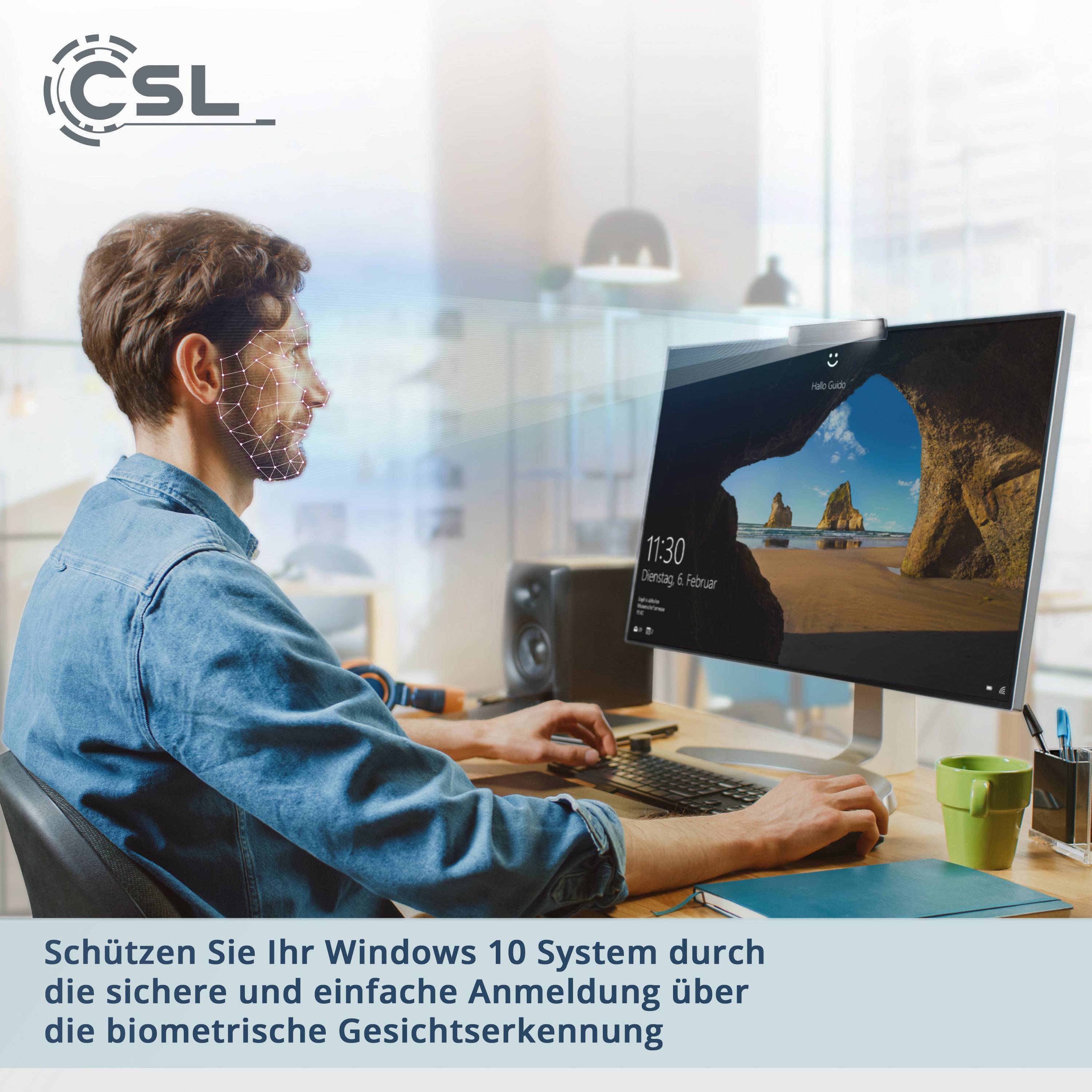 CSL Computer  HD-Webcam 1280 x 720 Pixel für Windows Hello, Klemm-Halterung, Standfuß