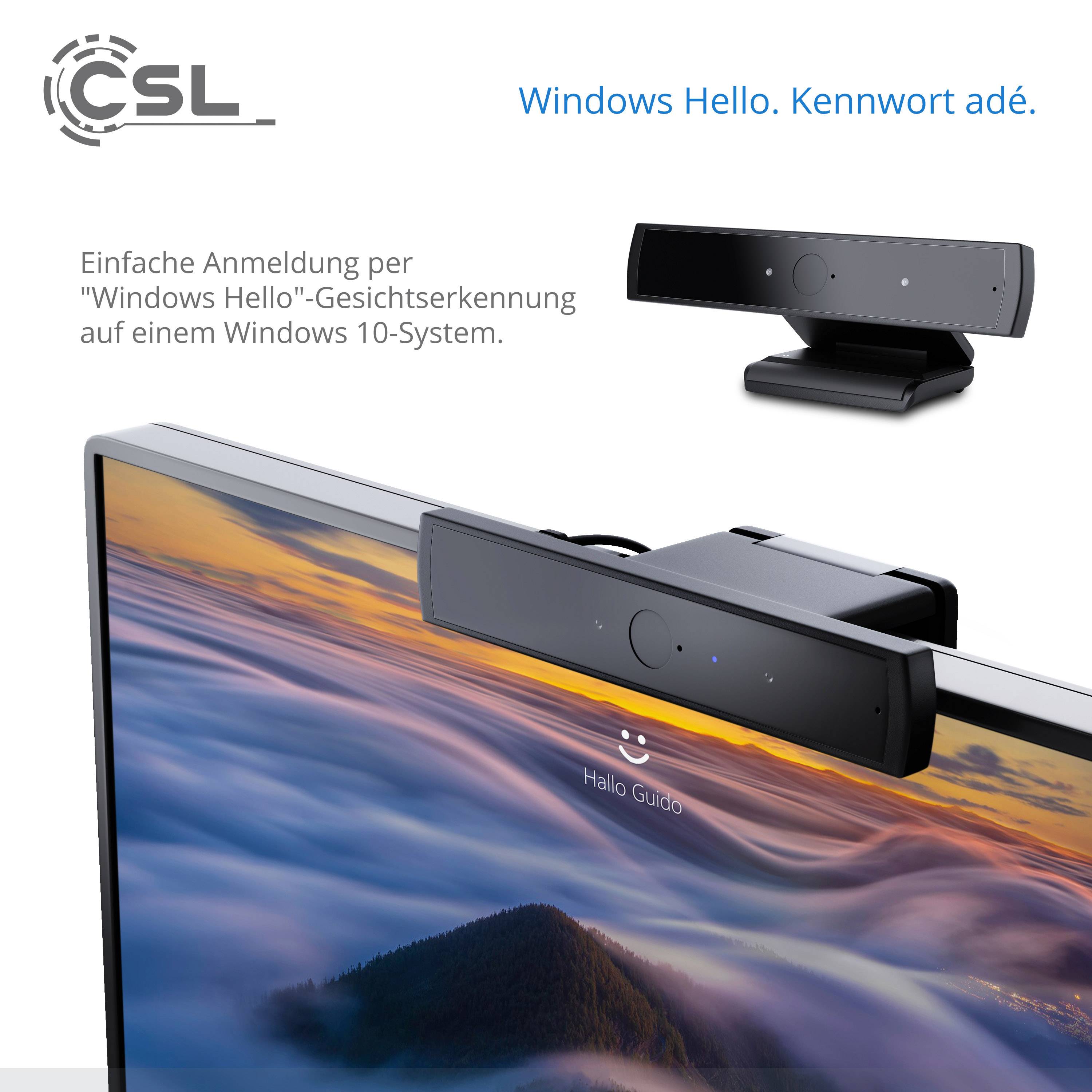 CSL Computer  HD-Webcam 1280 x 720 Pixel für Windows Hello, Klemm-Halterung, Standfuß
