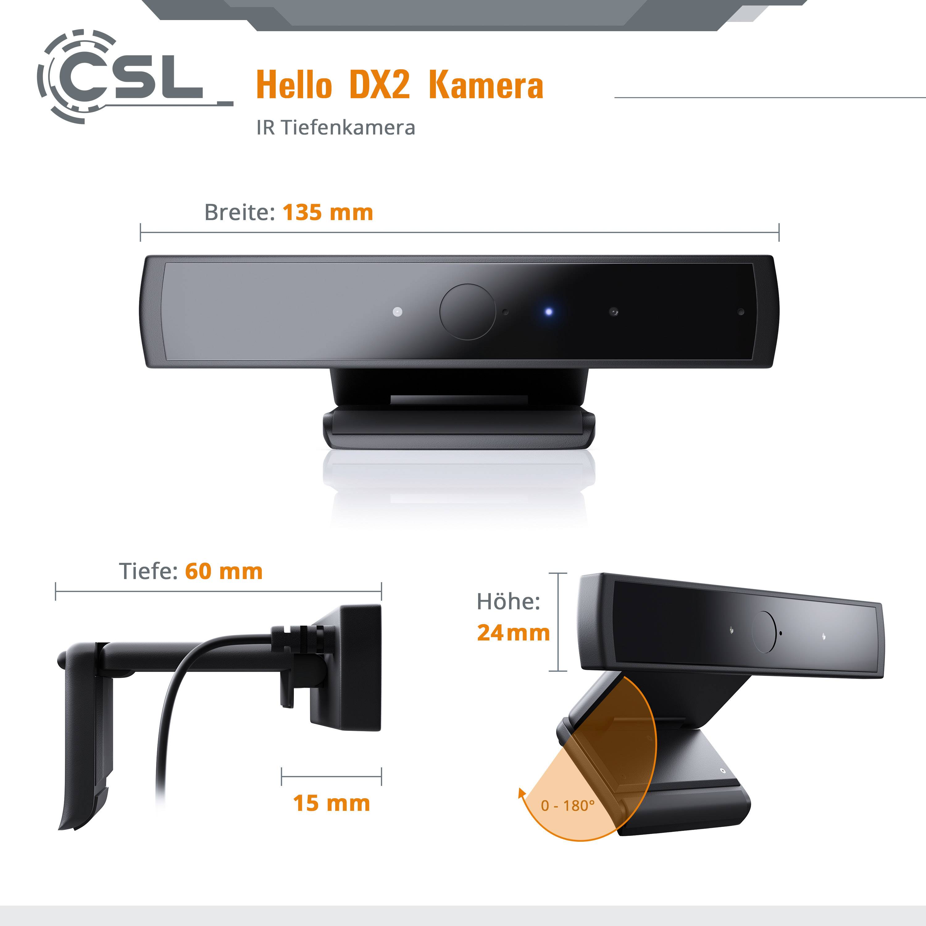 CSL Computer  HD-Webcam 1280 x 720 Pixel für Windows Hello, Klemm-Halterung, Standfuß