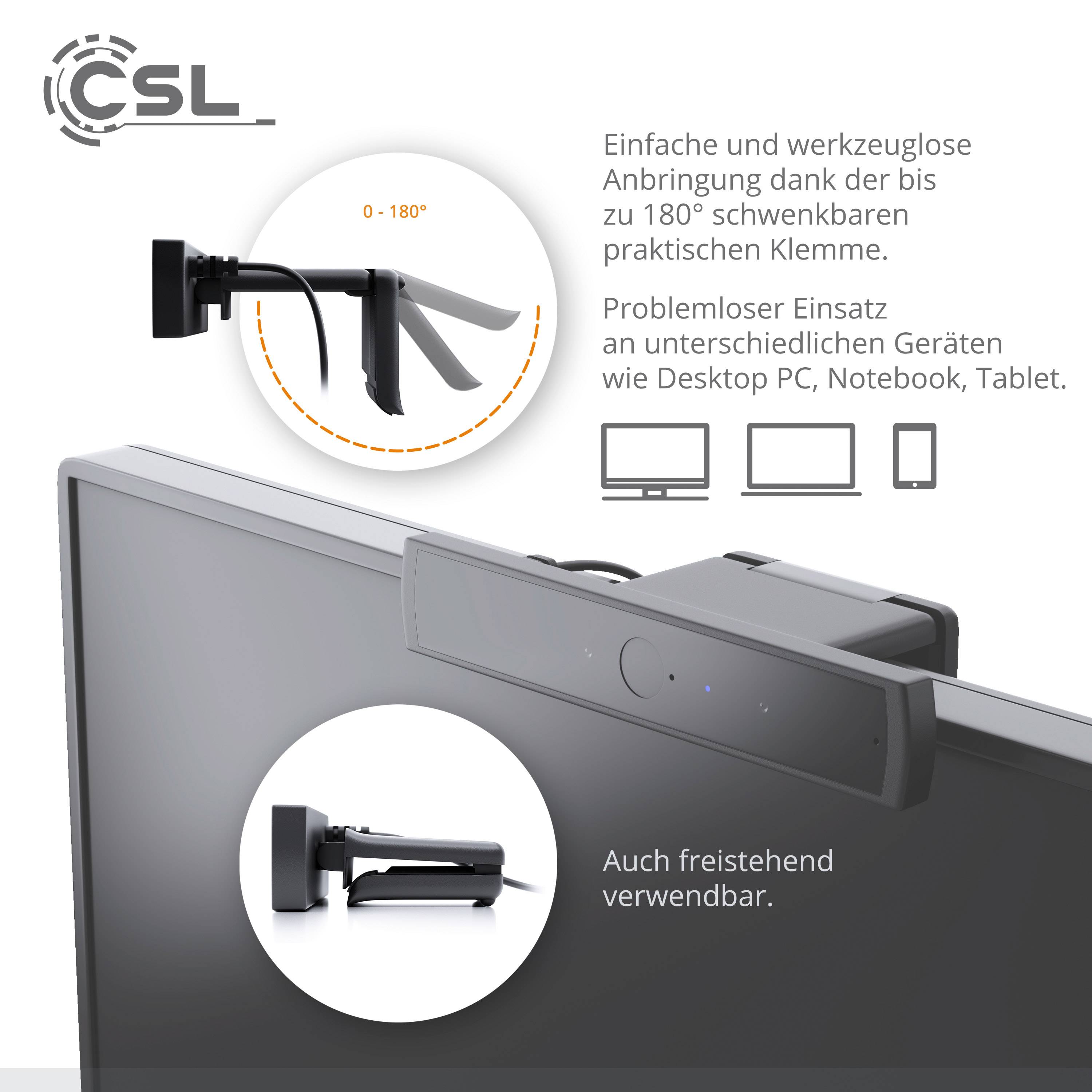 CSL Computer  HD-Webcam 1280 x 720 Pixel für Windows Hello, Klemm-Halterung, Standfuß