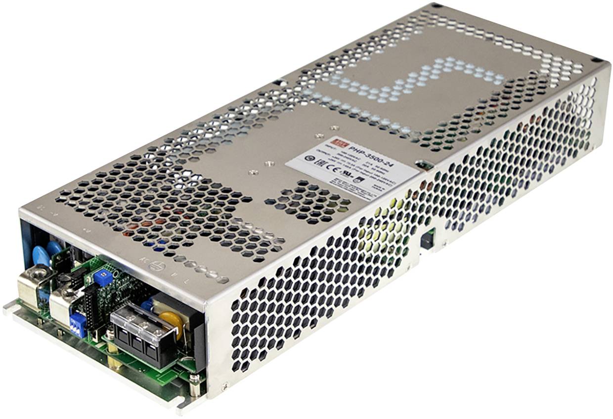 Ein silbernes, rechteckiges Schaltnetzteil mit Lüftungsschlitzen und elektronischen Komponenten an einem Ende.