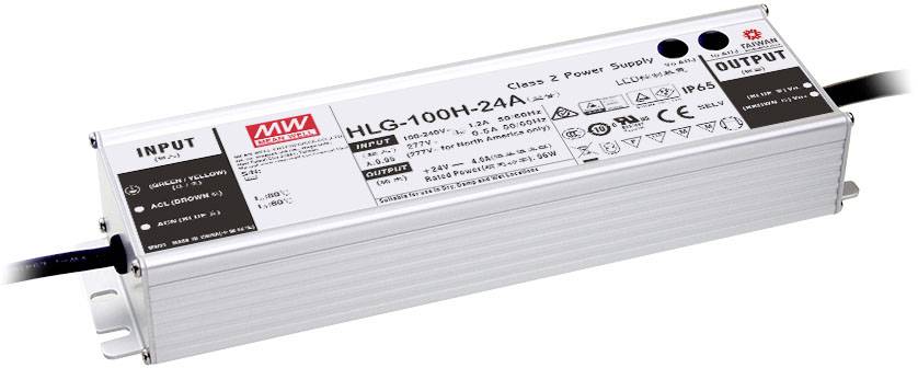 Ein rechteckiges Netzteil mit Beschriftungen auf der Oberseite, das als 'HLG-100H-24A' gekennzeichnet ist. Hauptsächlich für LED-Anwendungen.