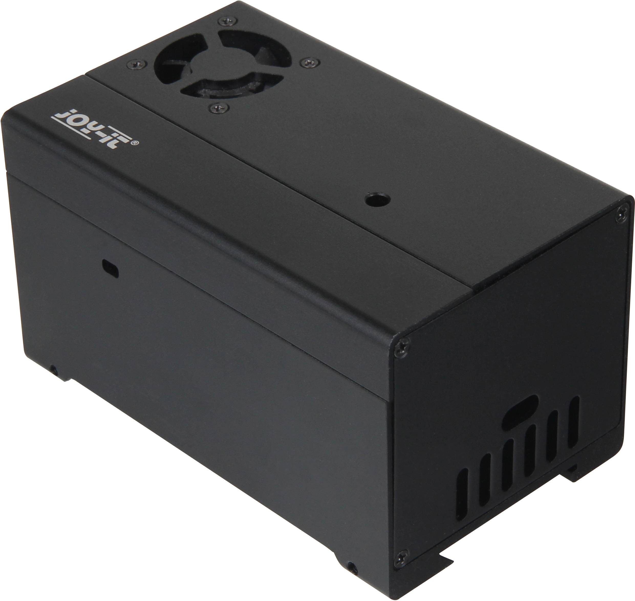 Ein schwarzes elektronisches Gerät mit Lüfter an der Oberseite und Lüftungsschlitzen an der Seite; möglicherweise ein technisches Gehäuse.