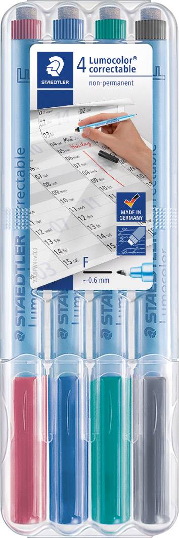 Eine Packung mit vier non-permanent Stiften in verschiedenen Farben, geeignet zum Schreiben auf Folien oder anderen glatten Oberflächen.