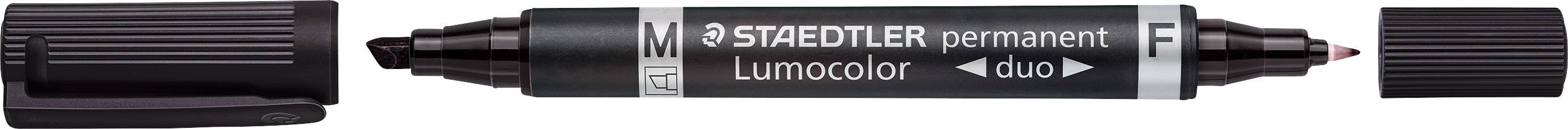 Ein schwarzer, doppelseitiger Permanentmarker von Staedtler mit abgenommenem Deckel, geeignet zum Schreiben auf Folien und abwischbar.