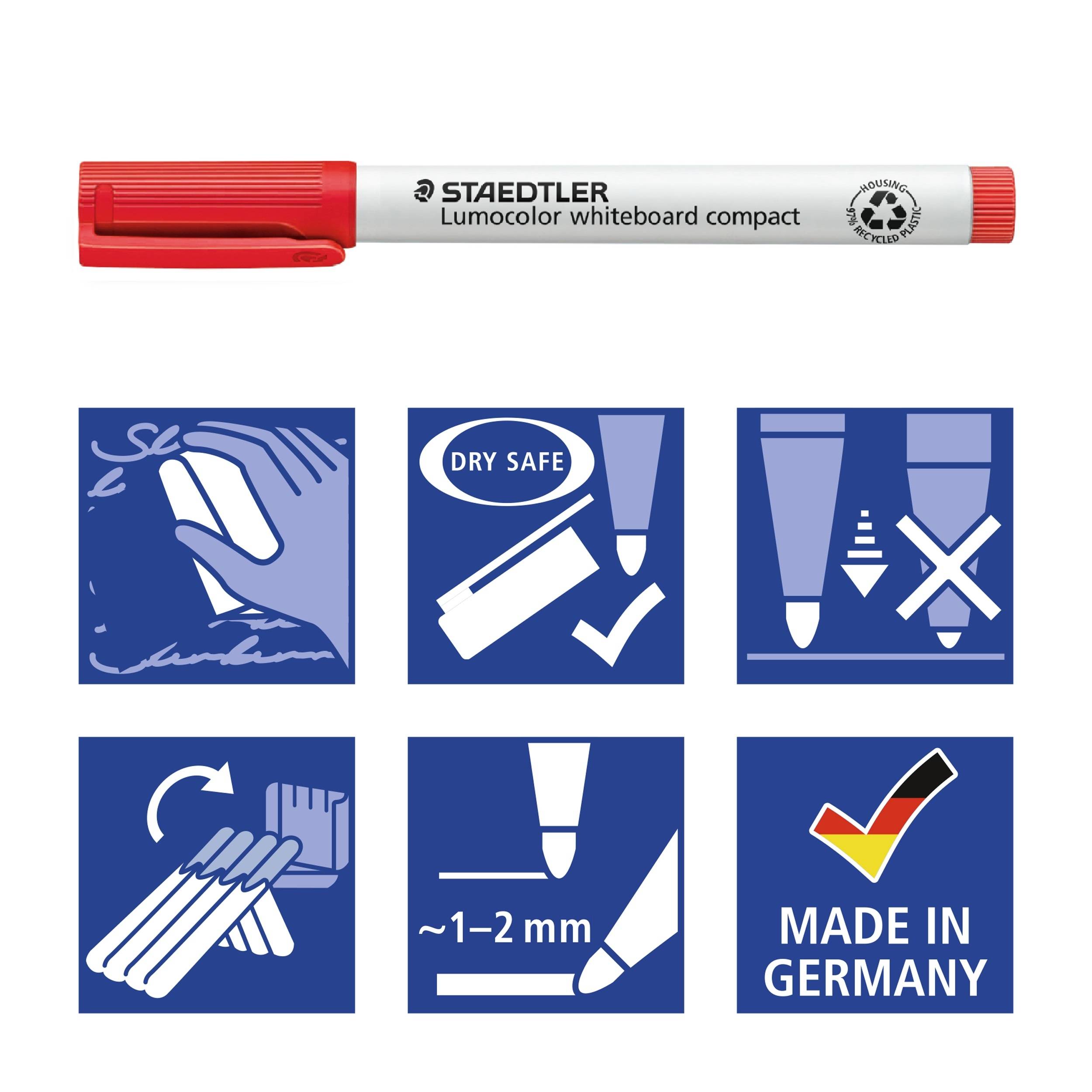 Ein roter Whiteboard-Marker von Staedtler mit Dry Safe-Technologie, Strichstärke 1–2 mm, hergestellt in Deutschland. Symbole zeigen Funktionen.