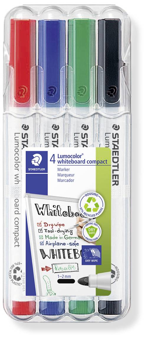 Vier farbige Whiteboard-Marker in Rot, Schwarz, Grün und Blau von Staedtler in einer transparenten Verpackung.