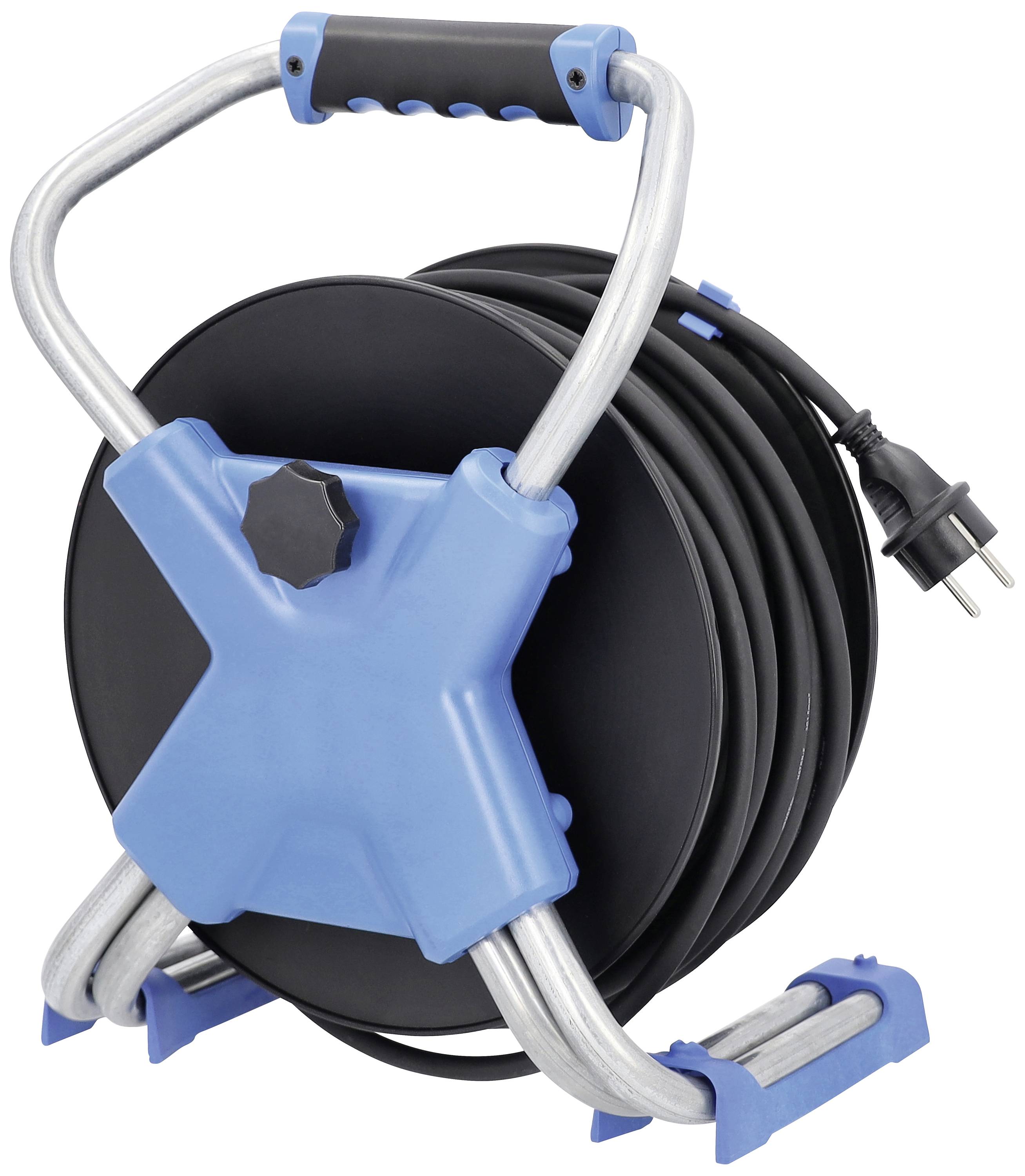 Eintrag für eine blaue und schwarze Kabeltrommel mit Tragegriff und europäischem Stecker, aufrecht stehend.