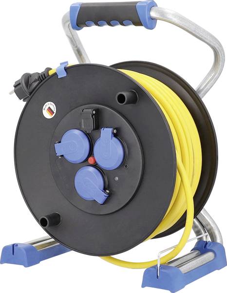 Gelbe Kabeltrommel mit schwarzer und blauer Abdeckung, auf einem Metallgestell stehend, geeignet für elektrische Anschlüsse.