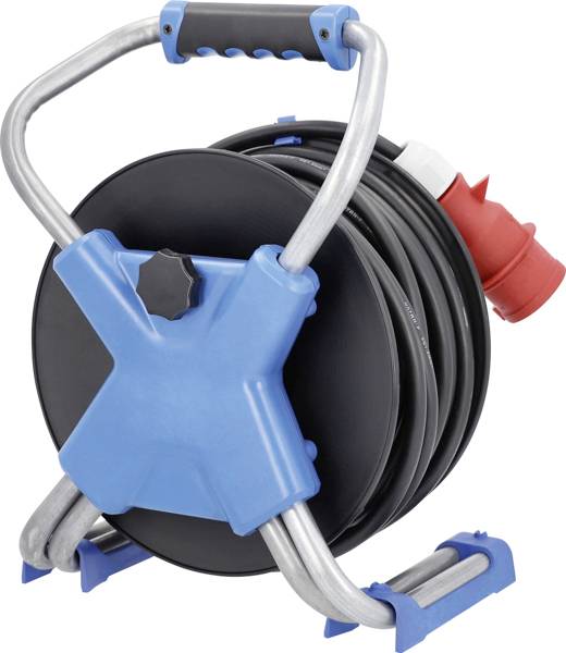 Eine blaue Kabeltrommel mit schwarzem Kabel und rotem Stecker, geeignet für Stromanschlüsse auf Baustellen oder Veranstaltungen.