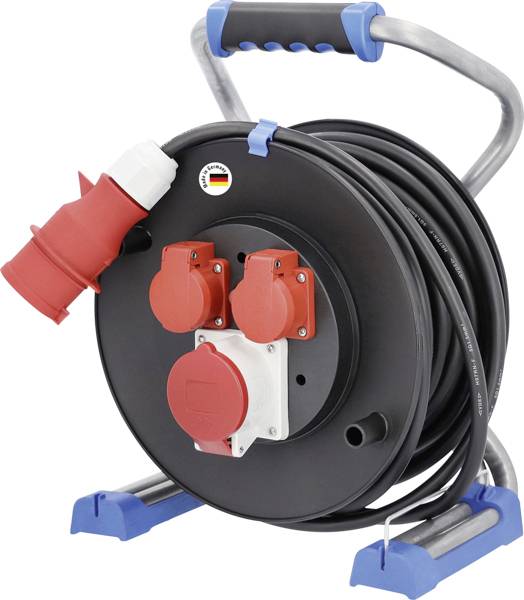Eine schwarze Kabeltrommel mit mehreren roten Steckdosen und einem Griff, steht auf blauen Füßen, geeignet für Baustellen.