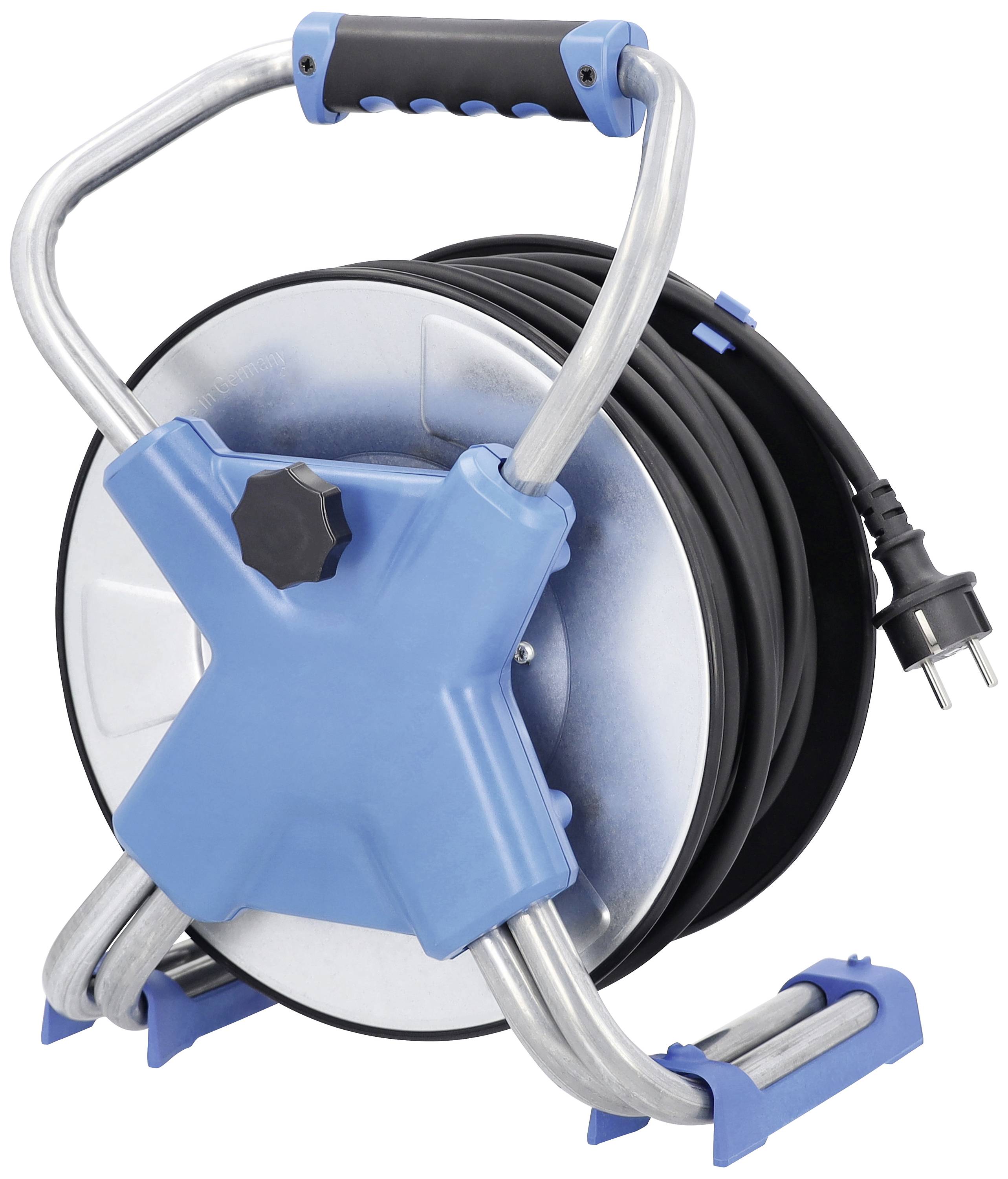 Ein blaues Kabeltrommel mit schwarzem Kabel und Stecker, geeignet für den Innen- und Außeneinsatz, mit Tragegriff und Steckdose.