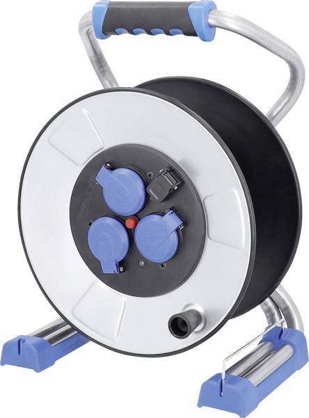 Kabeltrommel mit blauem Griff und zwei blauen Steckdosen auf silbernem Gehäuse. Geeignet für Stromverteilung auf Baustellen.