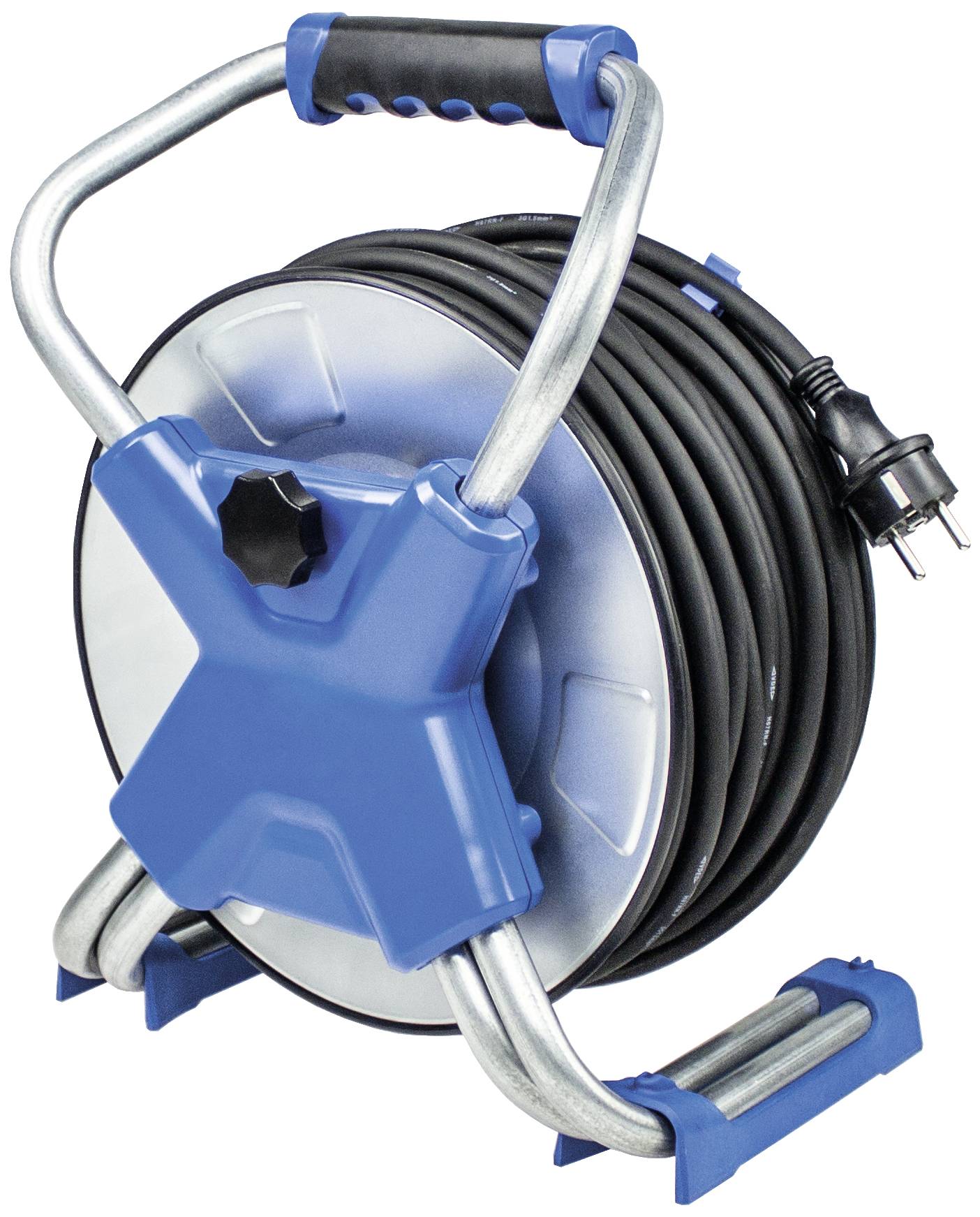 Ein blauer Kabeltrommelhalter mit aufgewickeltem schwarzen Kabel und Steckern. Geeignet für den Transport und die Lagerung von Kabeln.