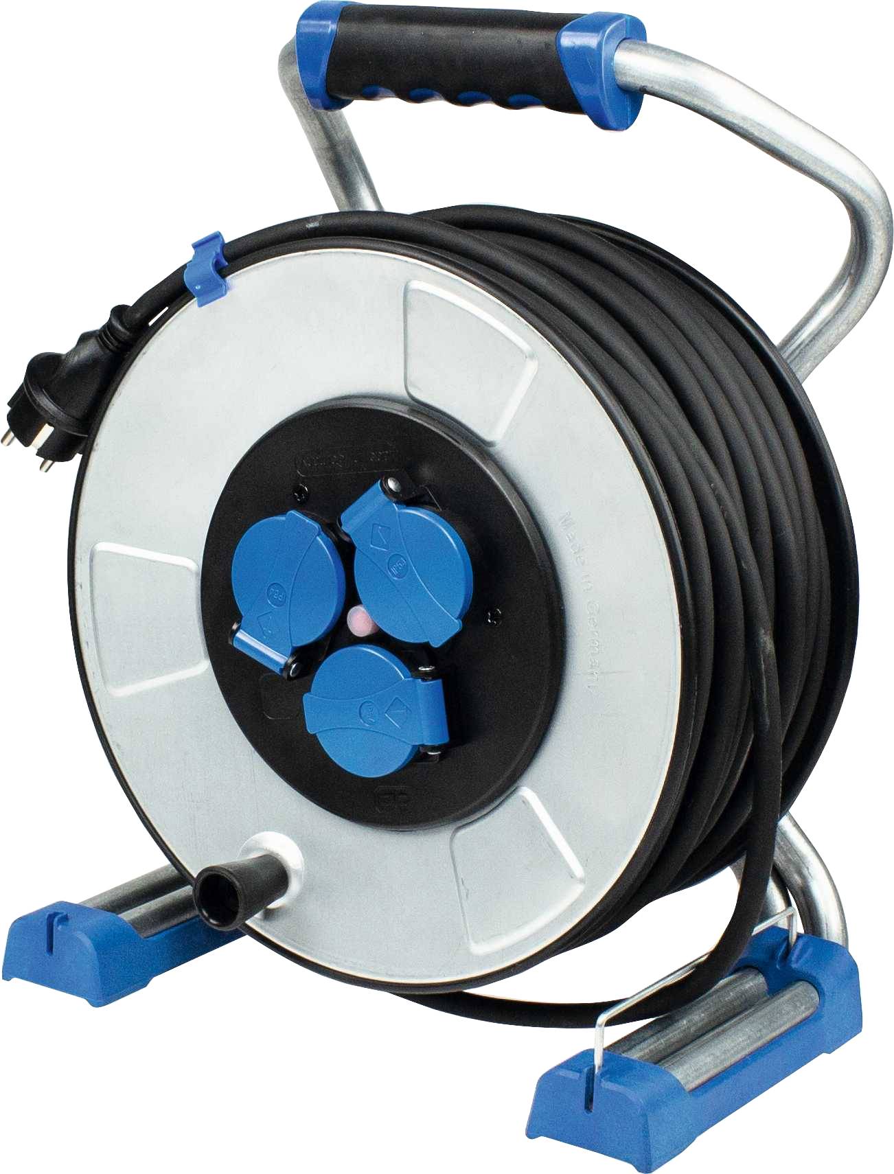 Eine Kabeltrommel mit schwarzem Kabel und blauen Steckdosen, geeignet für den Einsatz im Haushalt oder auf Baustellen.