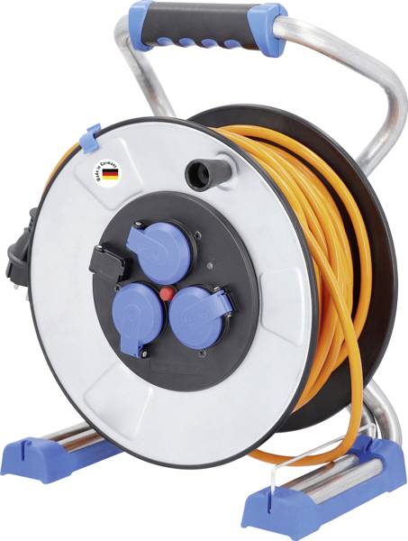 Eine runde Kabeltrommel mit langem, orangem Kabel. Sie hat blaue Steckdosen und einen Tragegriff.