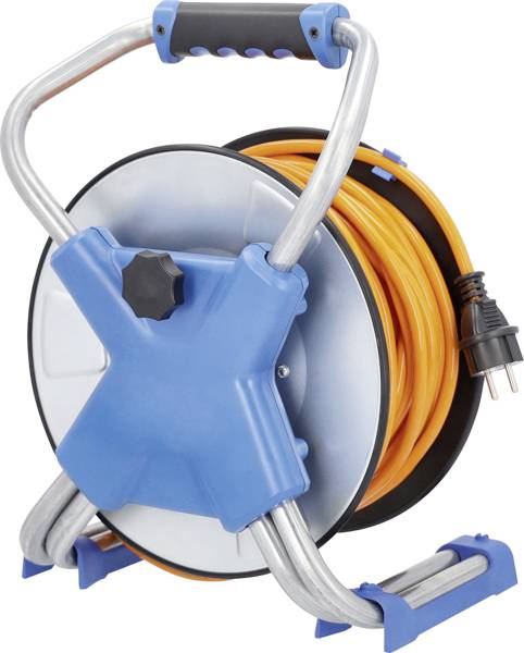 Eine Kabeltrommel mit blauer Halterung und orangefarbenem Kabel, das ordentlich aufgerollt ist. Oben befindet sich ein Griff zum Tragen.