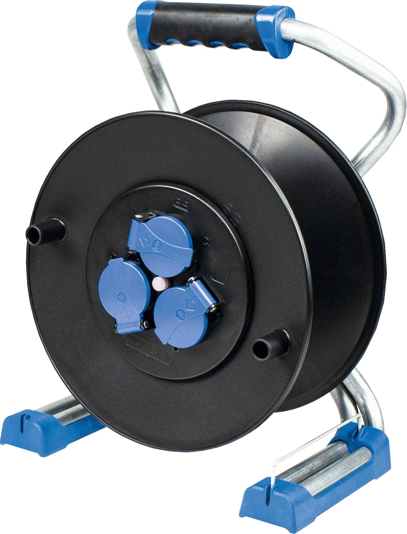 Schwarze Kabeltrommel auf einem Metallrahmen mit blauem Griff und blauen Steckdosen. Geeignet zum Aufwickeln von Kabeln.