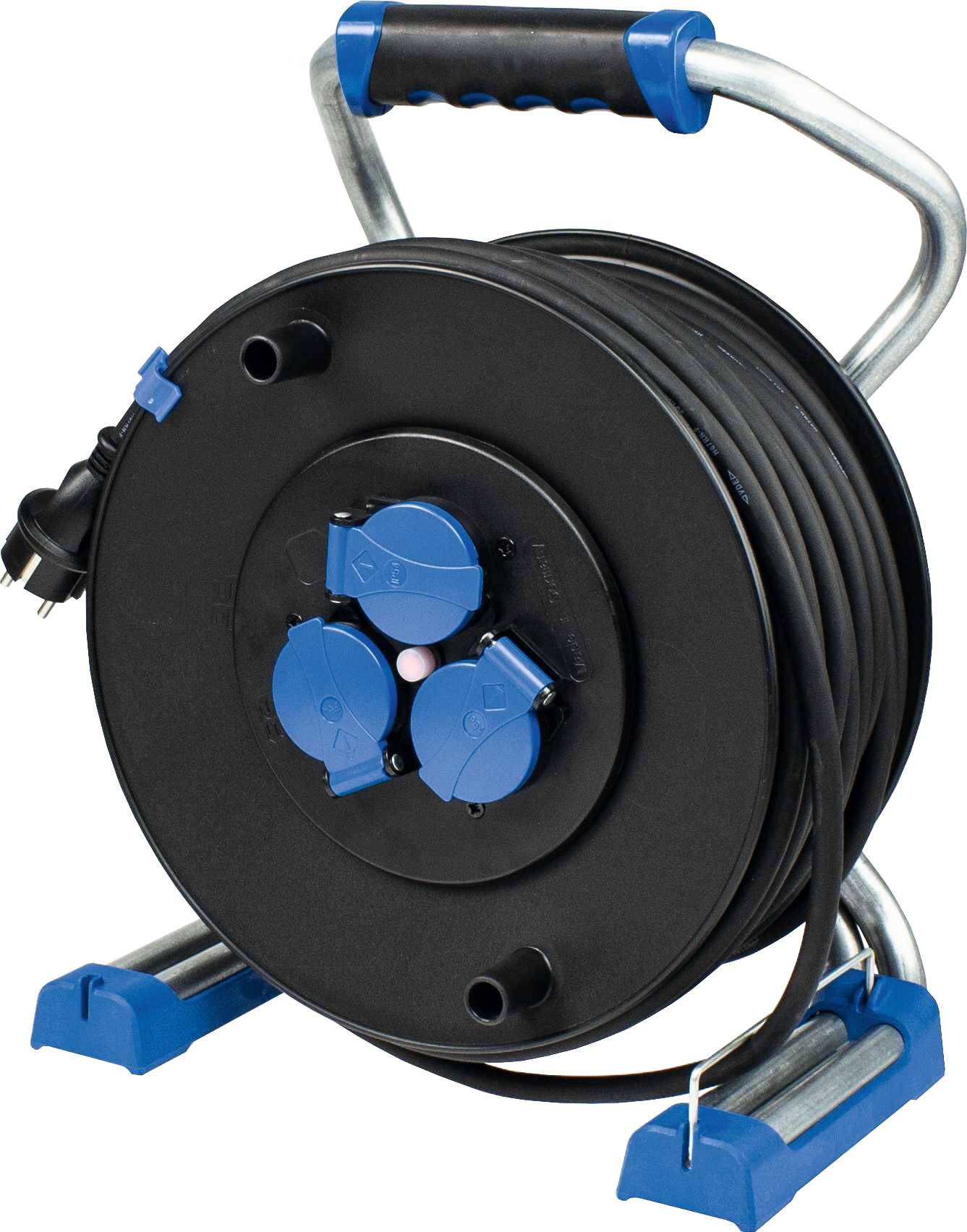Eine schwarze Kabeltrommel mit blauen Steckdosen und Griff, darauf aufgerollt ein langes Stromkabel mit einem Stecker.